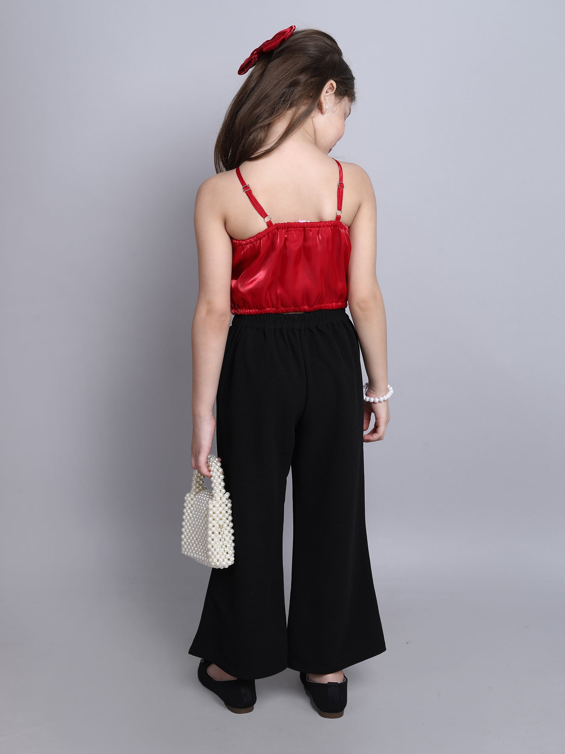 rose detail Halter neck party crop top with pant set-Red/Black