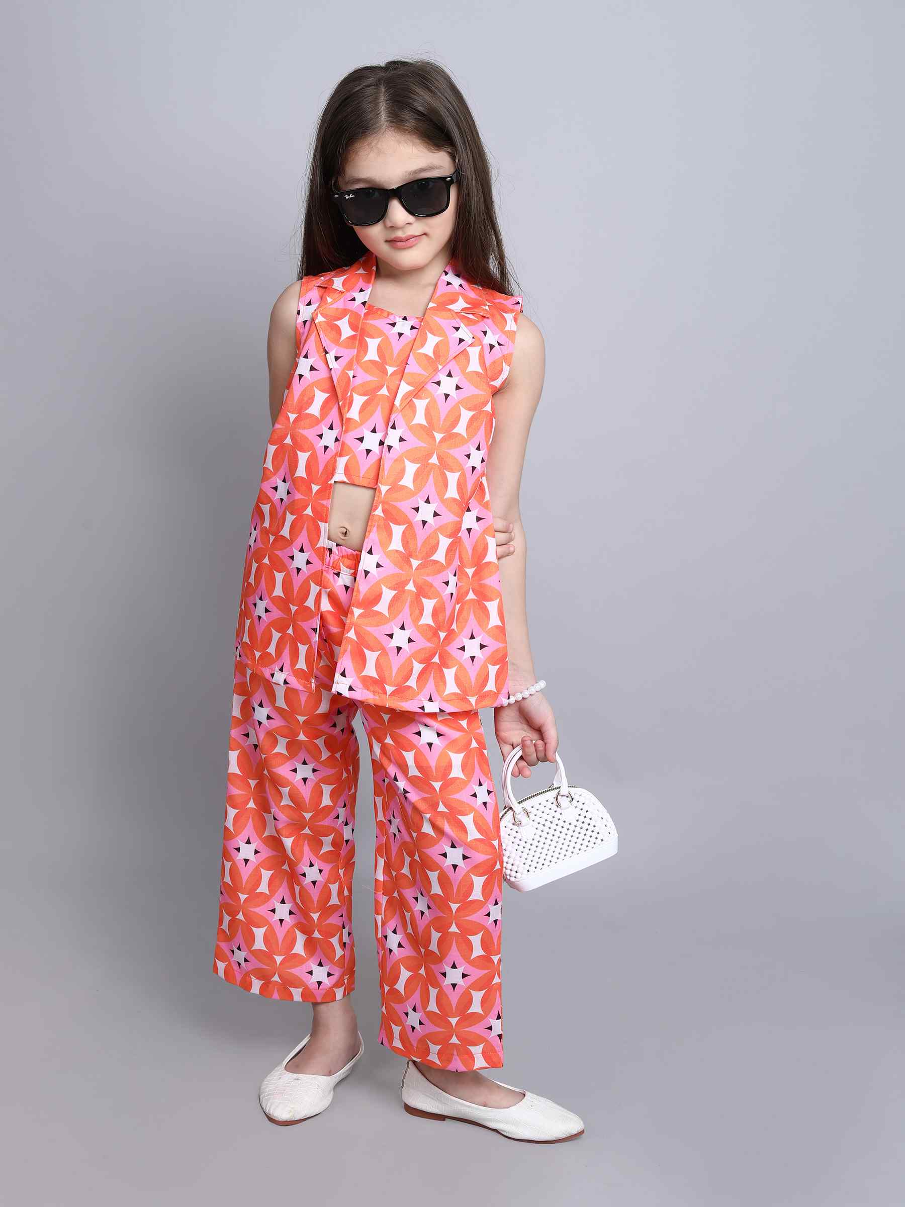 geometric printed sleeveless jacket with matching pant and singlet crop top set-Orange/multi