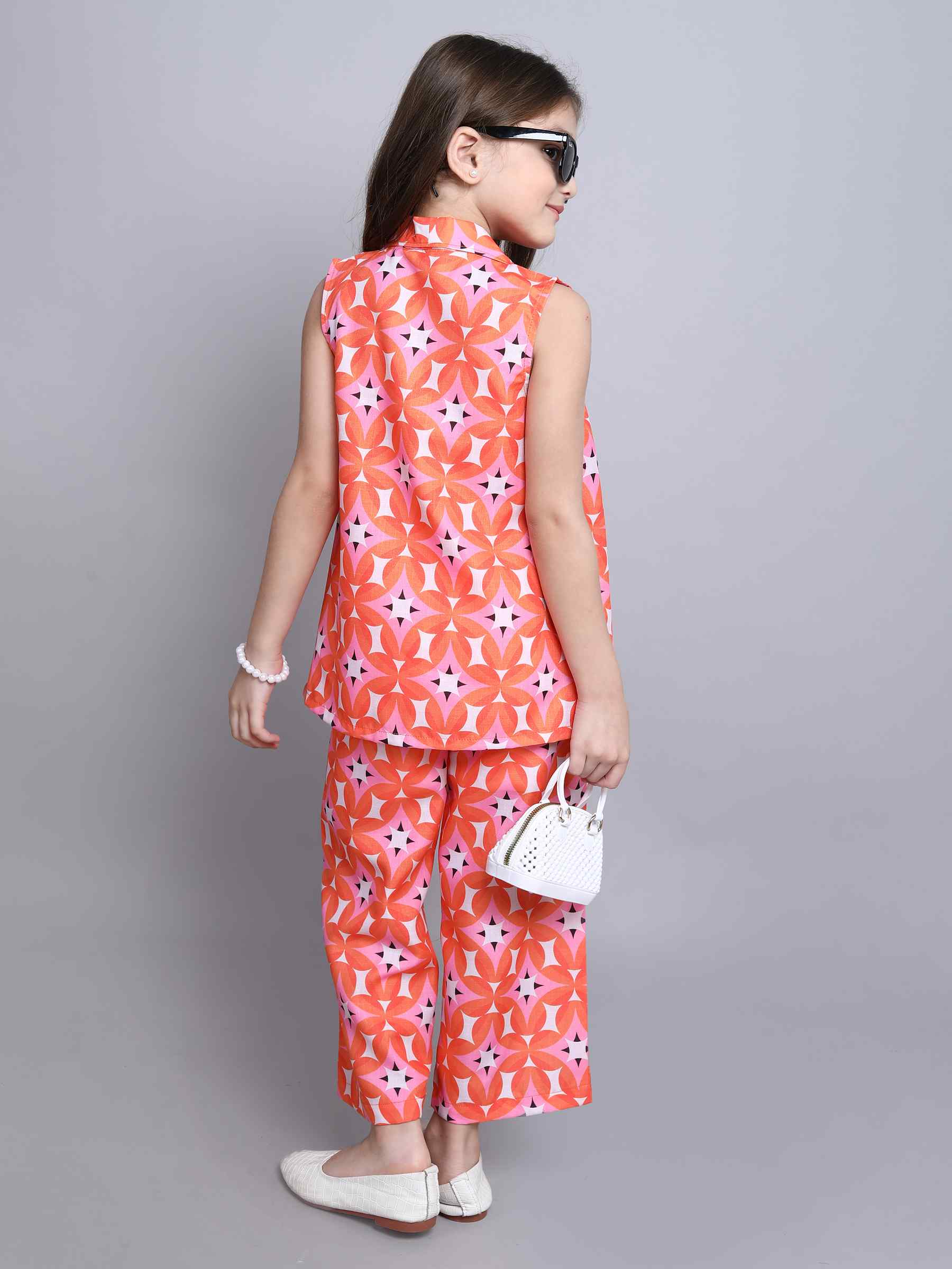 geometric printed sleeveless jacket with matching pant and singlet crop top set-Orange/multi