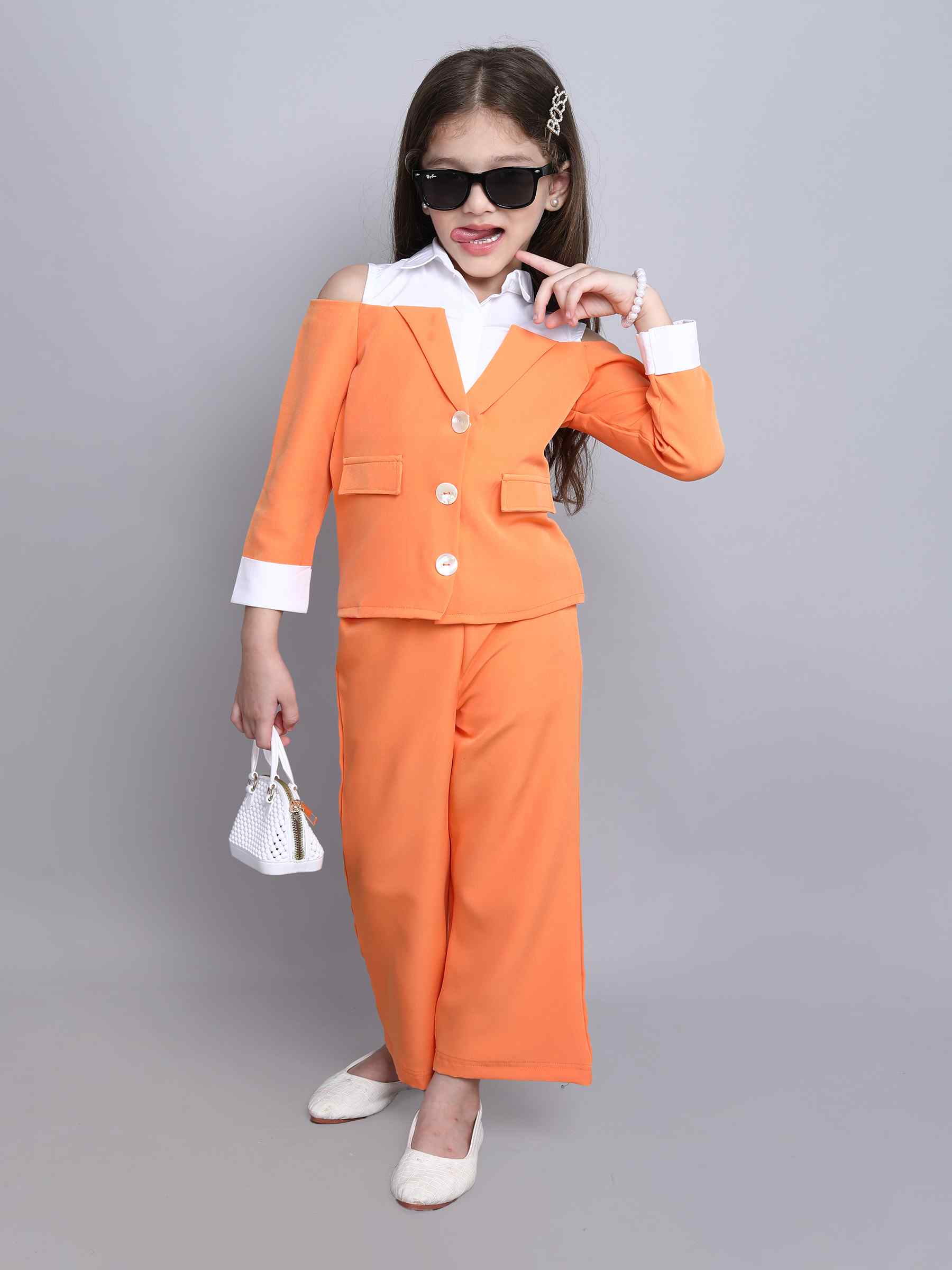 Full sleeves cold shoulder shirt blazer top and matching pant set-Orange/White