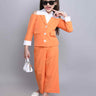 Full sleeves cold shoulder shirt blazer top and matching pant set-Orange/White