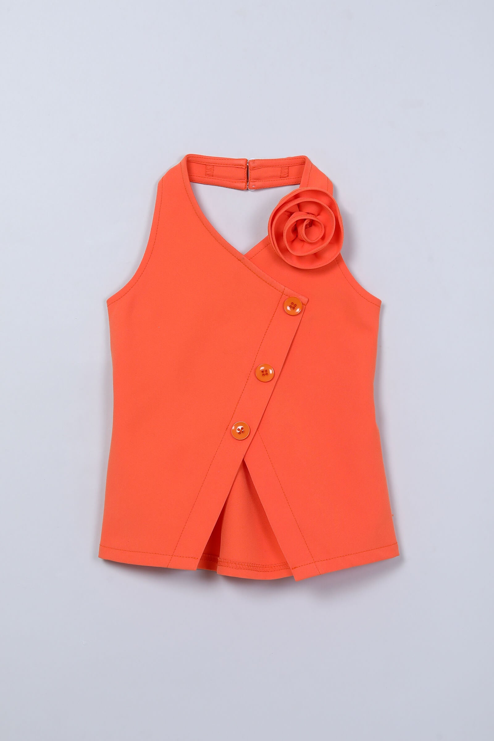 Woven sleeveless rose detail halter neck waistcoat top and pant co-ord set-Orange