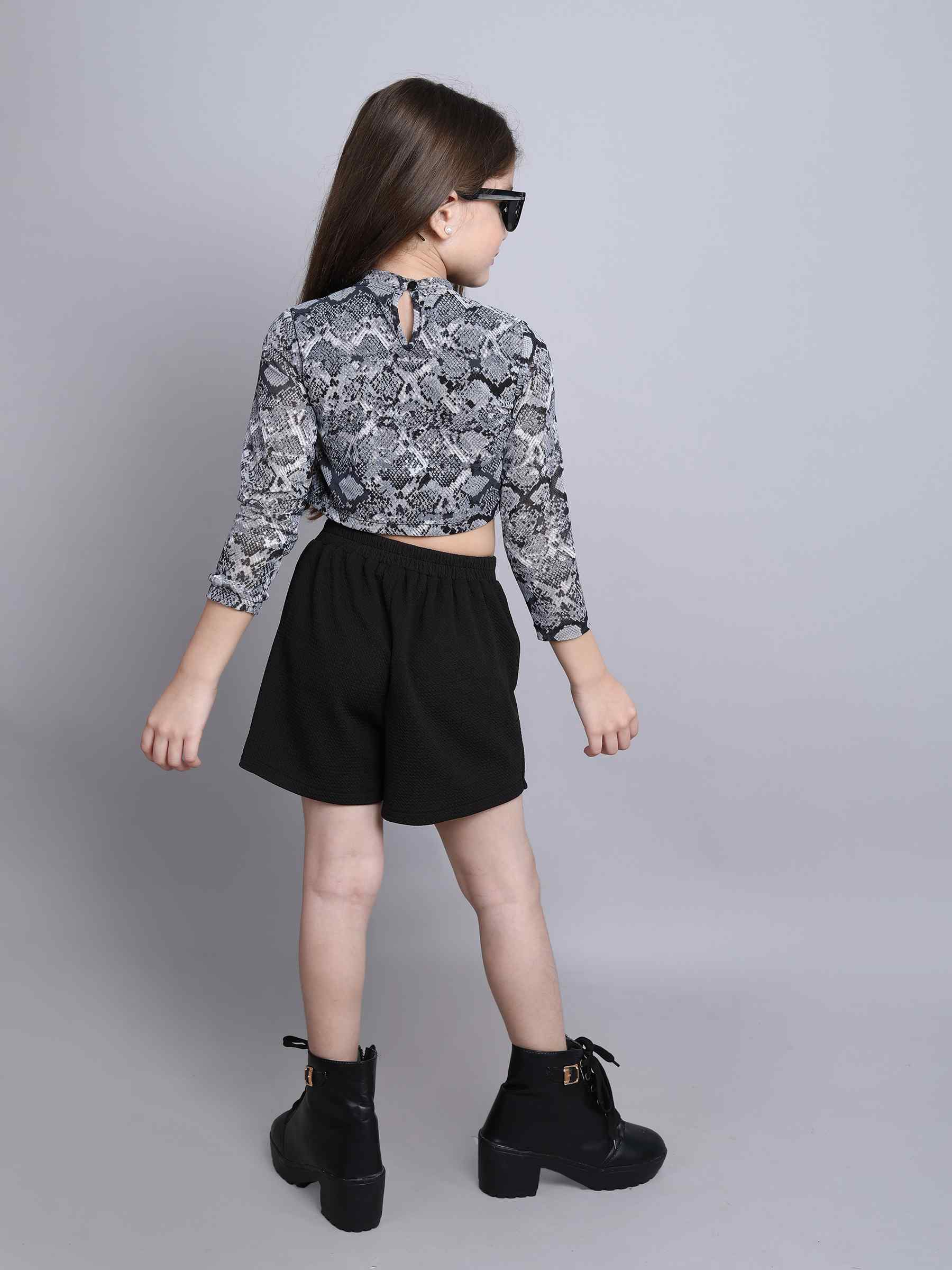 animal printed full sleeves ruched crop top and solid skort set-Black/Grey