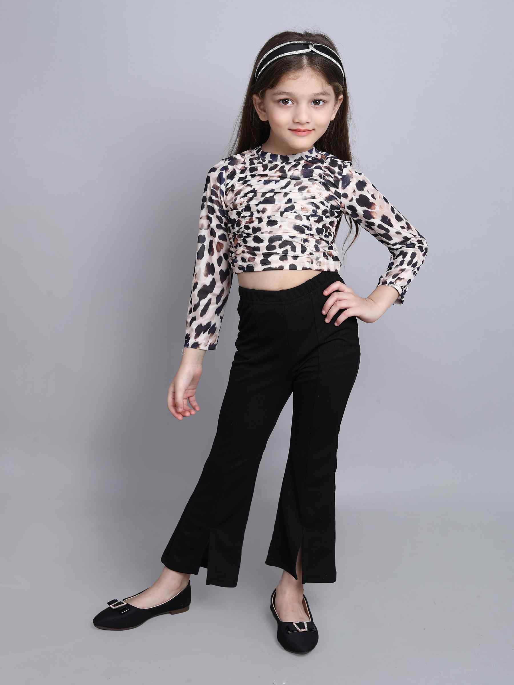 Animal printed rushed full sleeves top and front slit flared pant set-multi