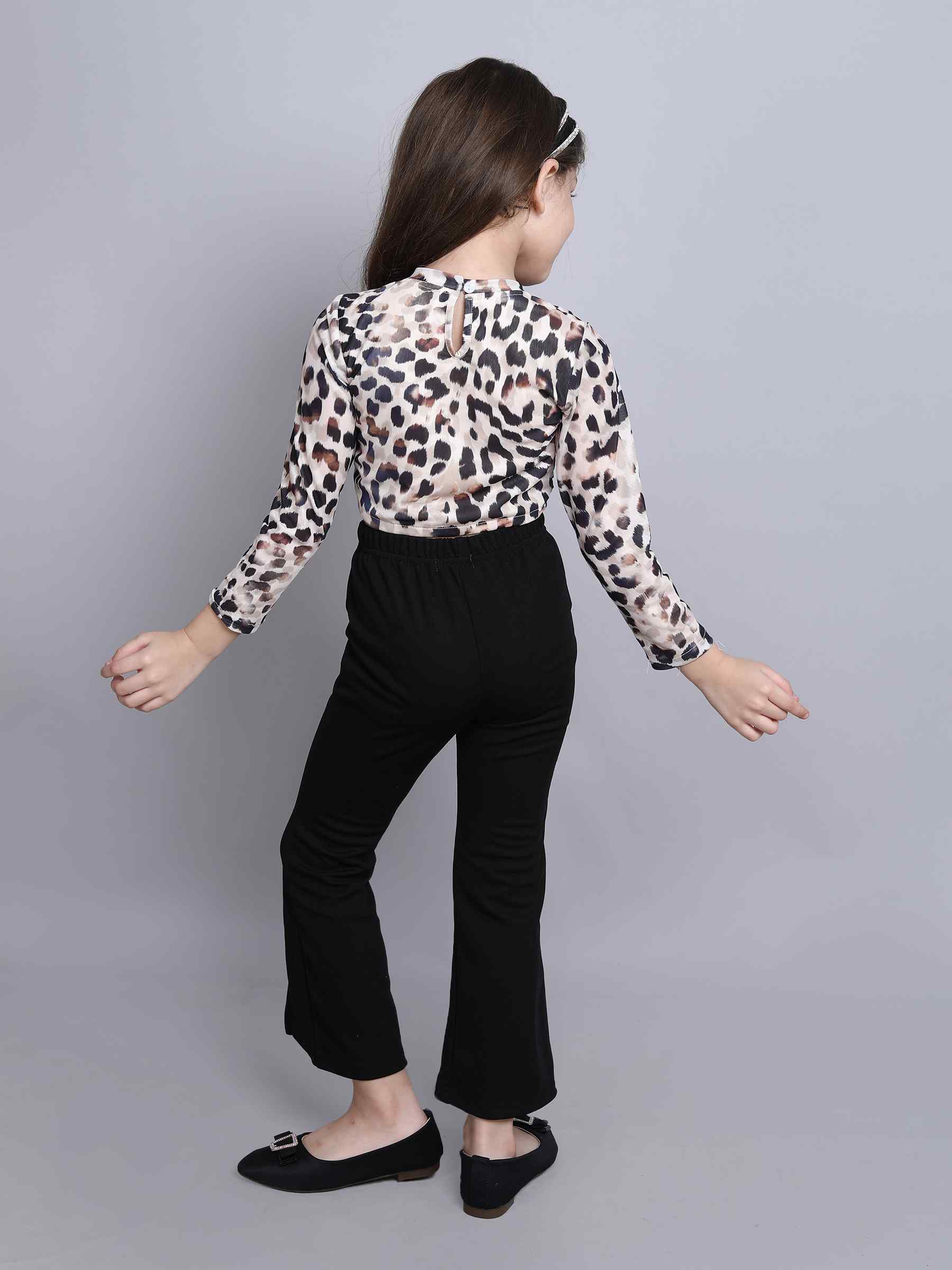 Animal printed rushed full sleeves top and front slit flared pant set-multi