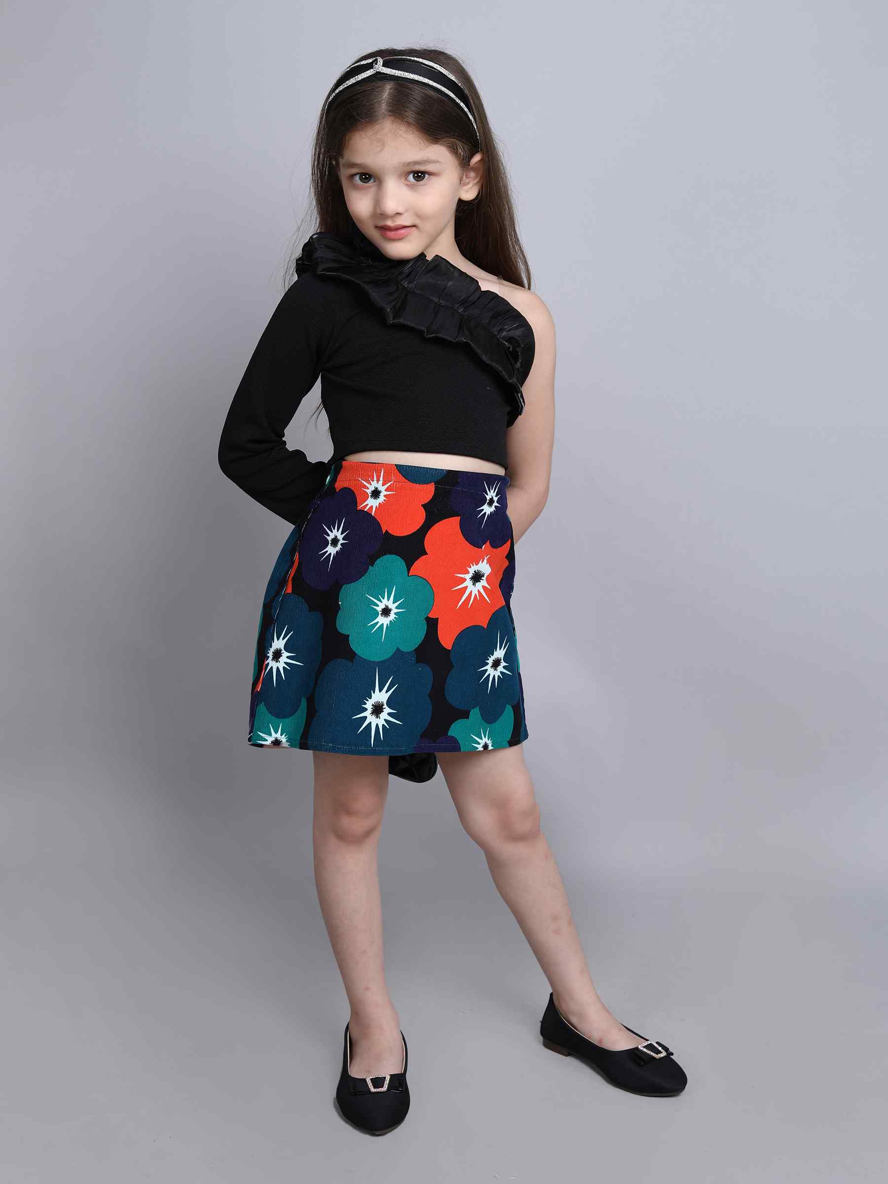 full sleeve one shoulder ruffle detail party crop top and corduroy floral printed skirt set-Black/Multi