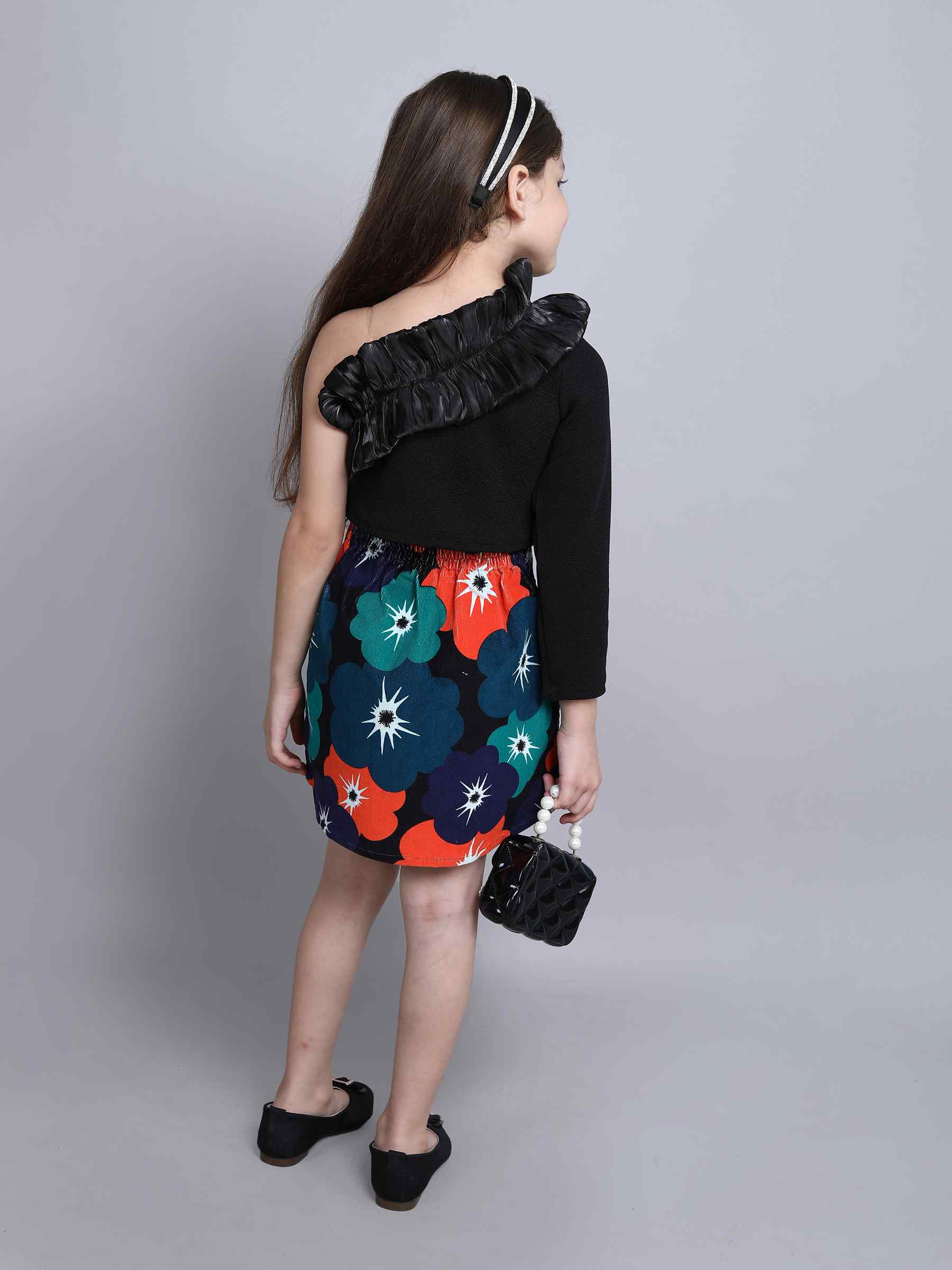 full sleeve one shoulder ruffle detail party crop top and corduroy floral printed skirt set-Black/Multi