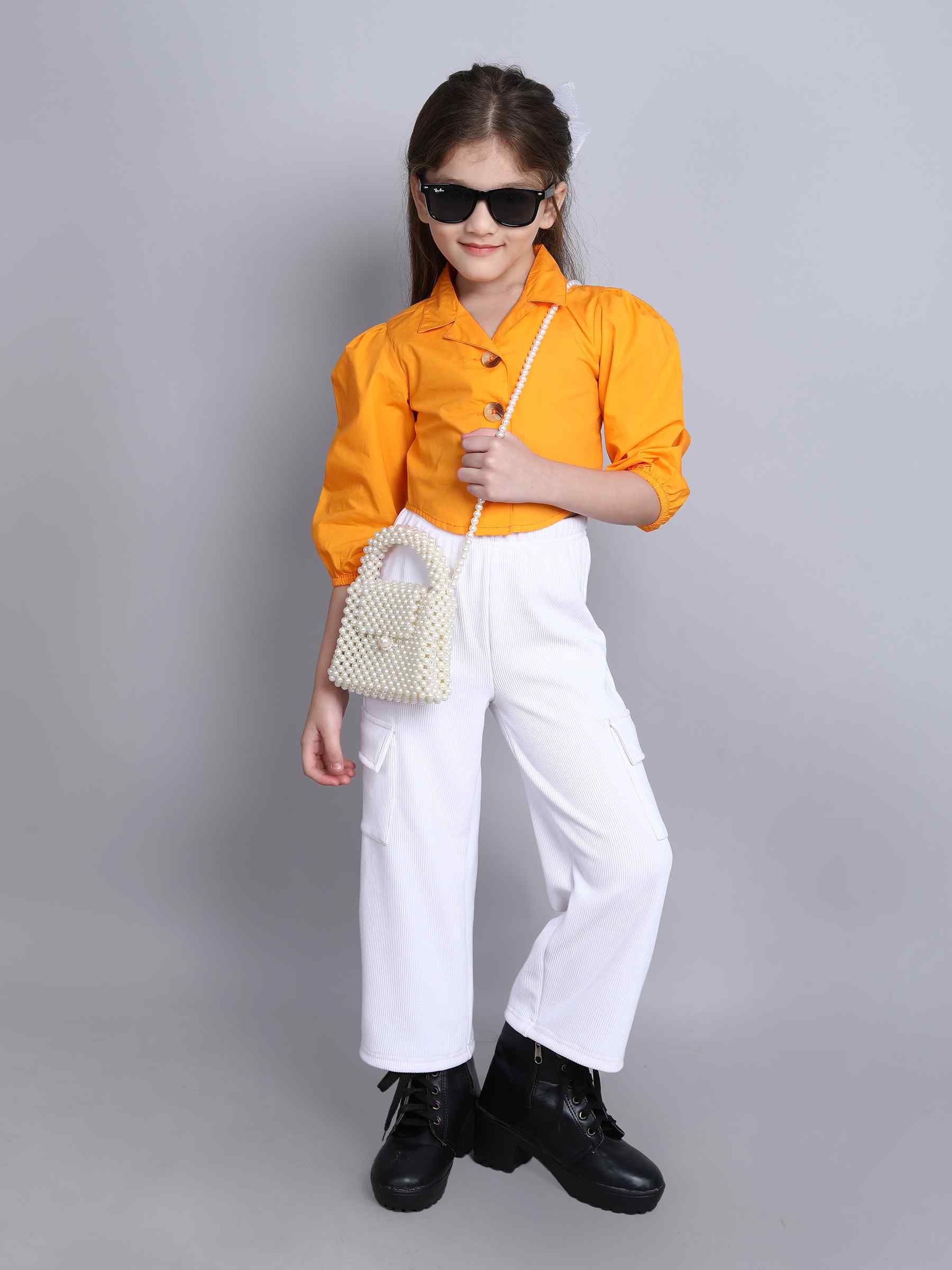 puff sleeves crop shirt with stripes texture cargo pant set-Orange/White