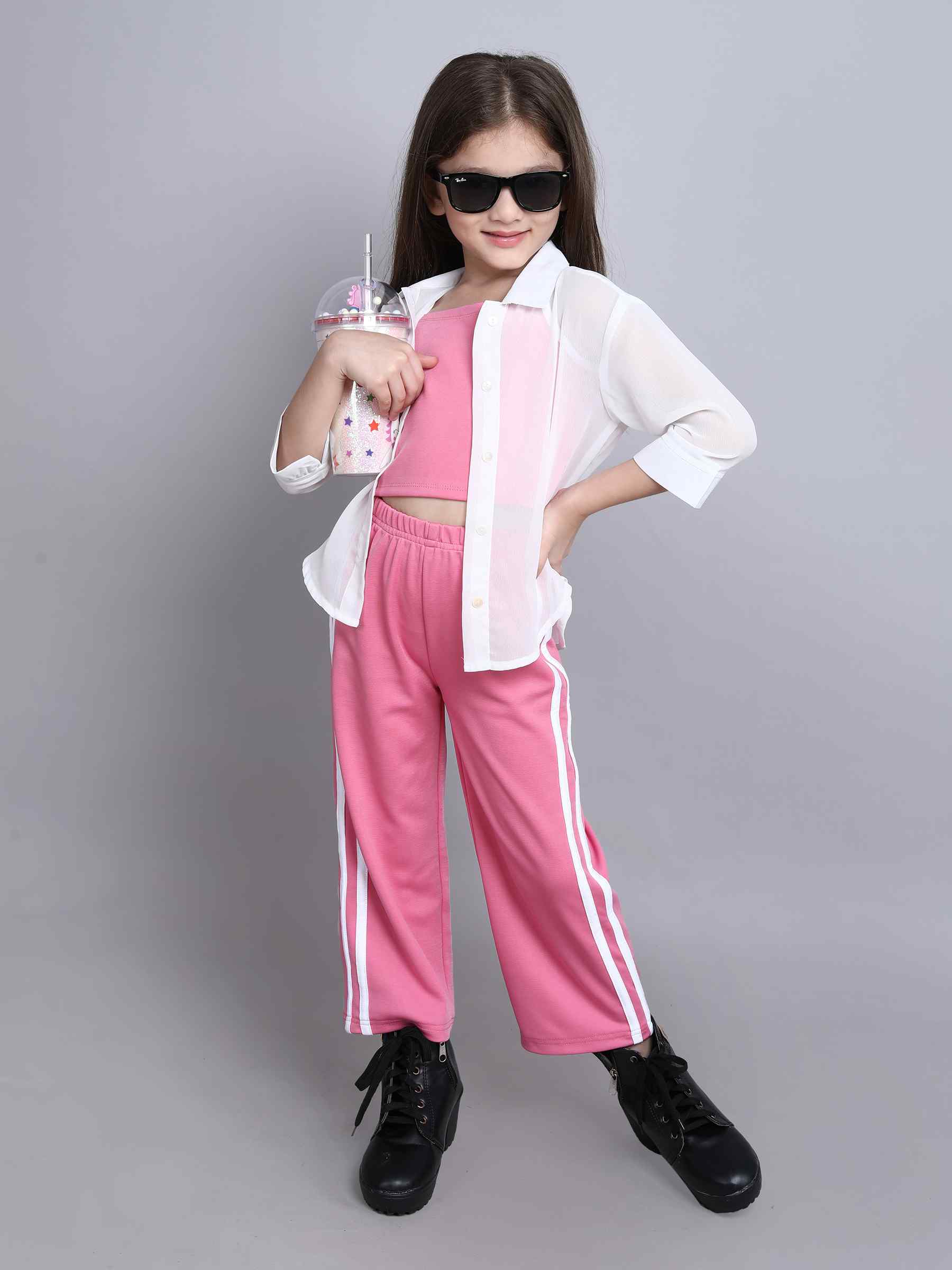 georgette oversized shirt with tape detail singlet crop top and matching pant set-White/Pink