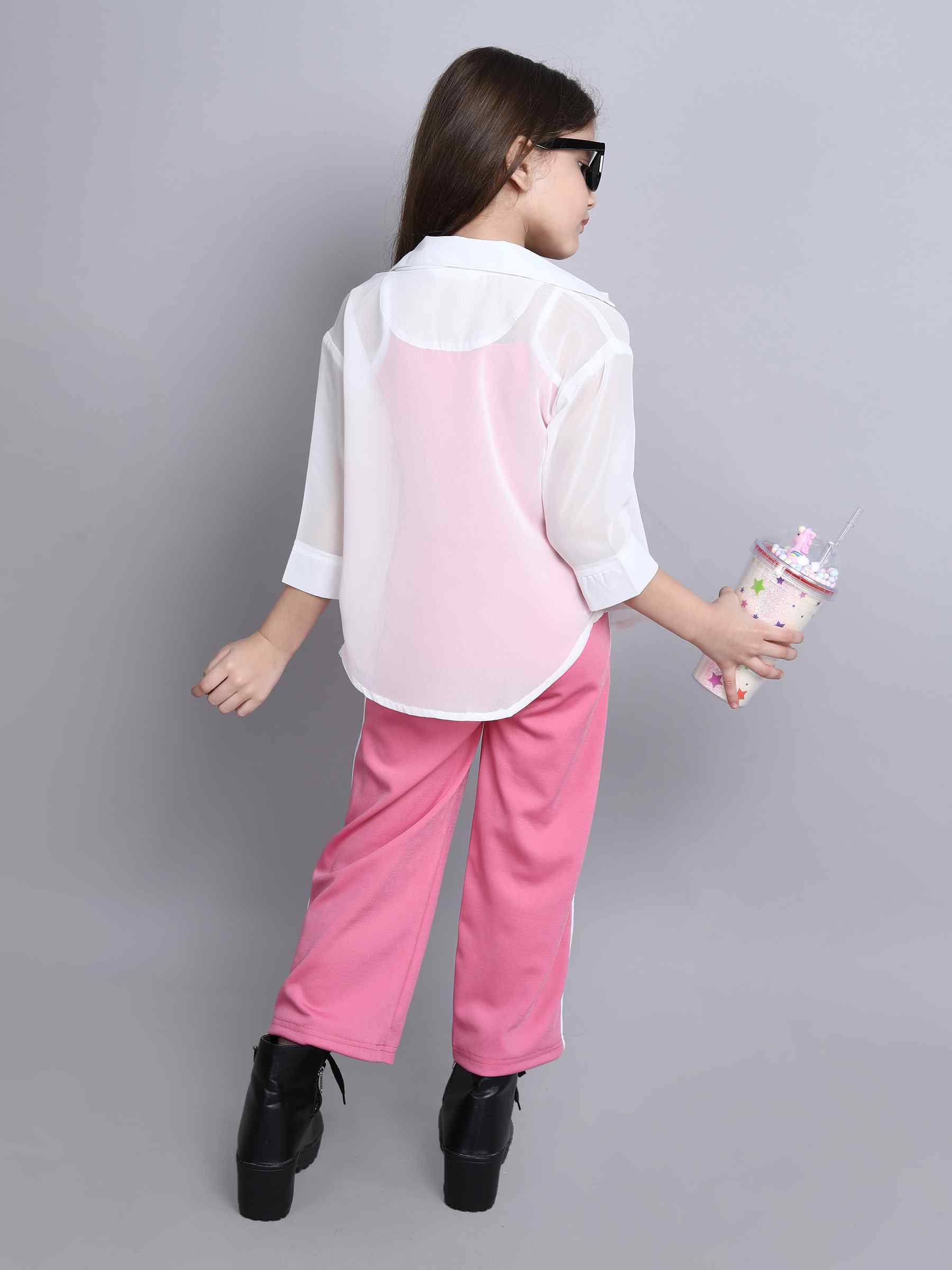 georgette oversized shirt with tape detail singlet crop top and matching pant set-White/Pink