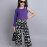 full sleeves buckle detail Asymmetric crop top and abstract printed parachute pant set-Purple/Black