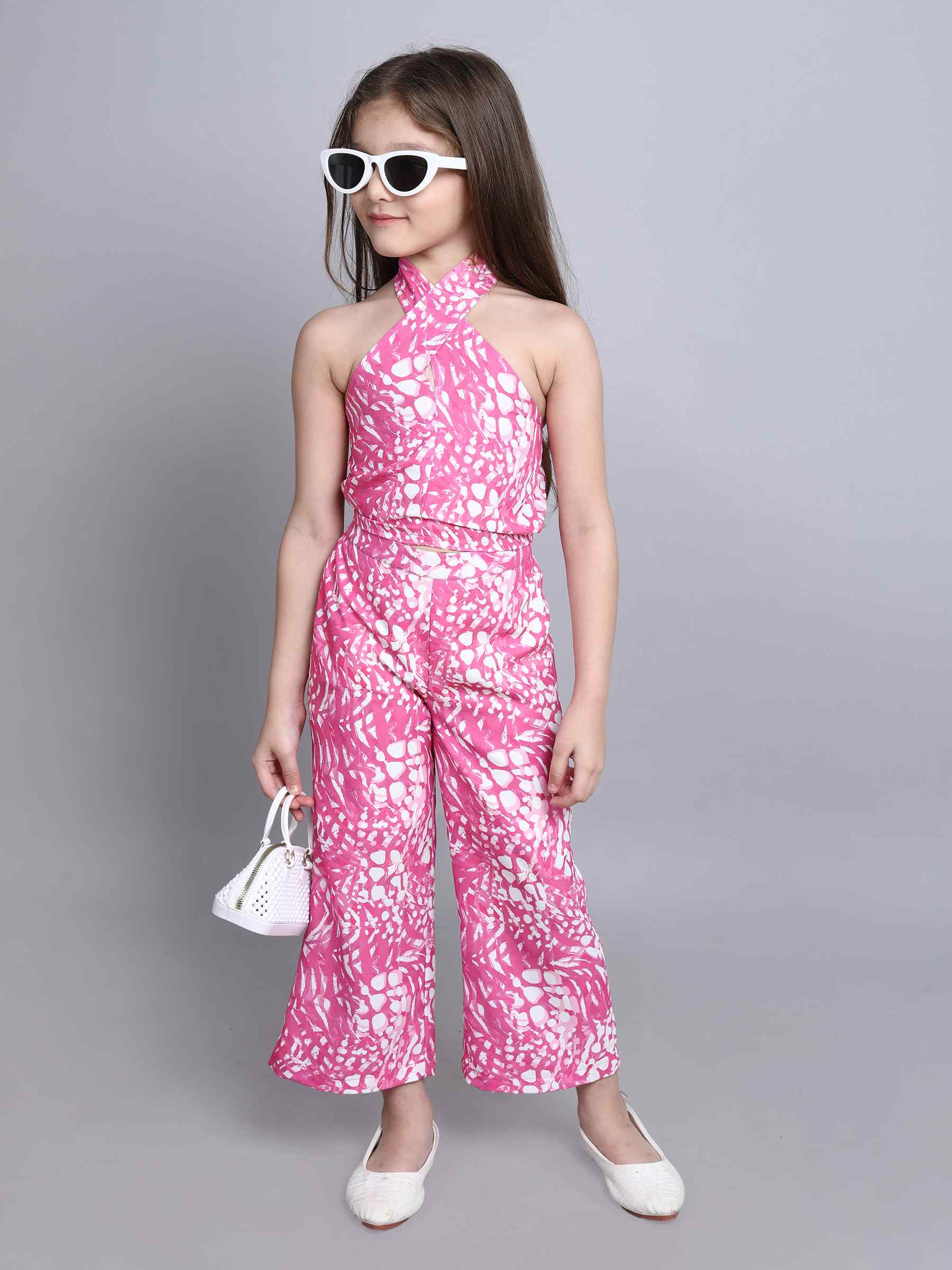 abstract printed halter neck crop top and matching pant set-Pink/White