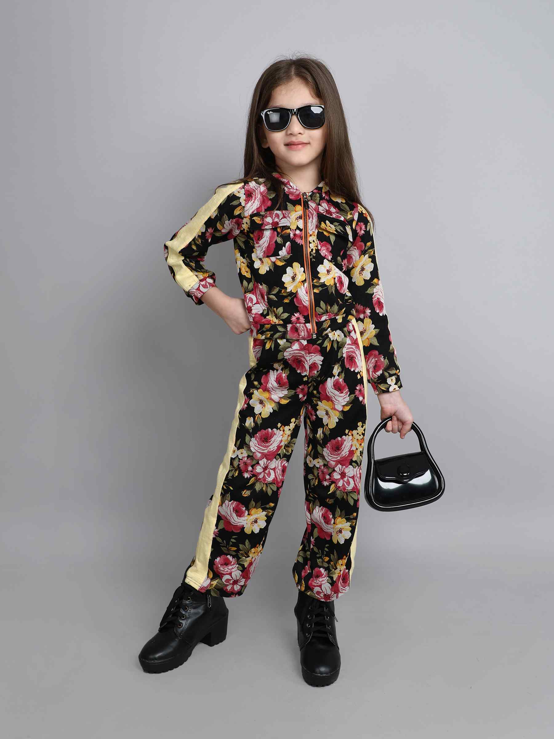 floral printed tape detail full sleeves zip up jacket with matching pant set-Black/Multi