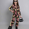 floral printed tape detail full sleeves zip up jacket with matching pant set-Black/Multi