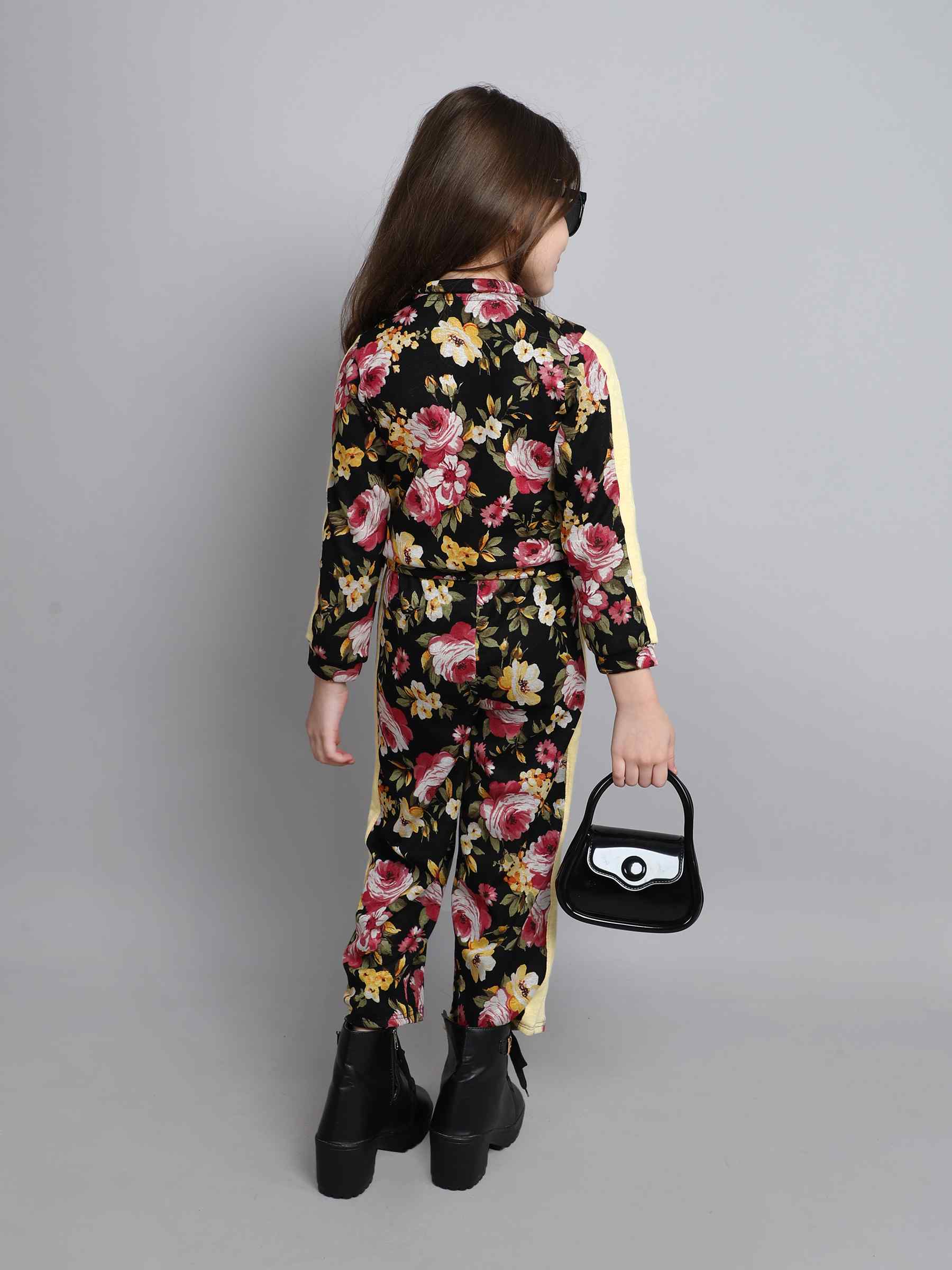 floral printed tape detail full sleeves zip up jacket with matching pant set-Black/Multi