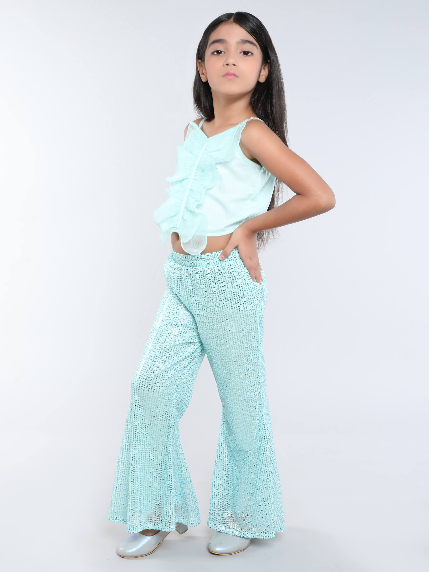 singlet butterfly party crop top and sequins bell bottom pat set-Aquamarine