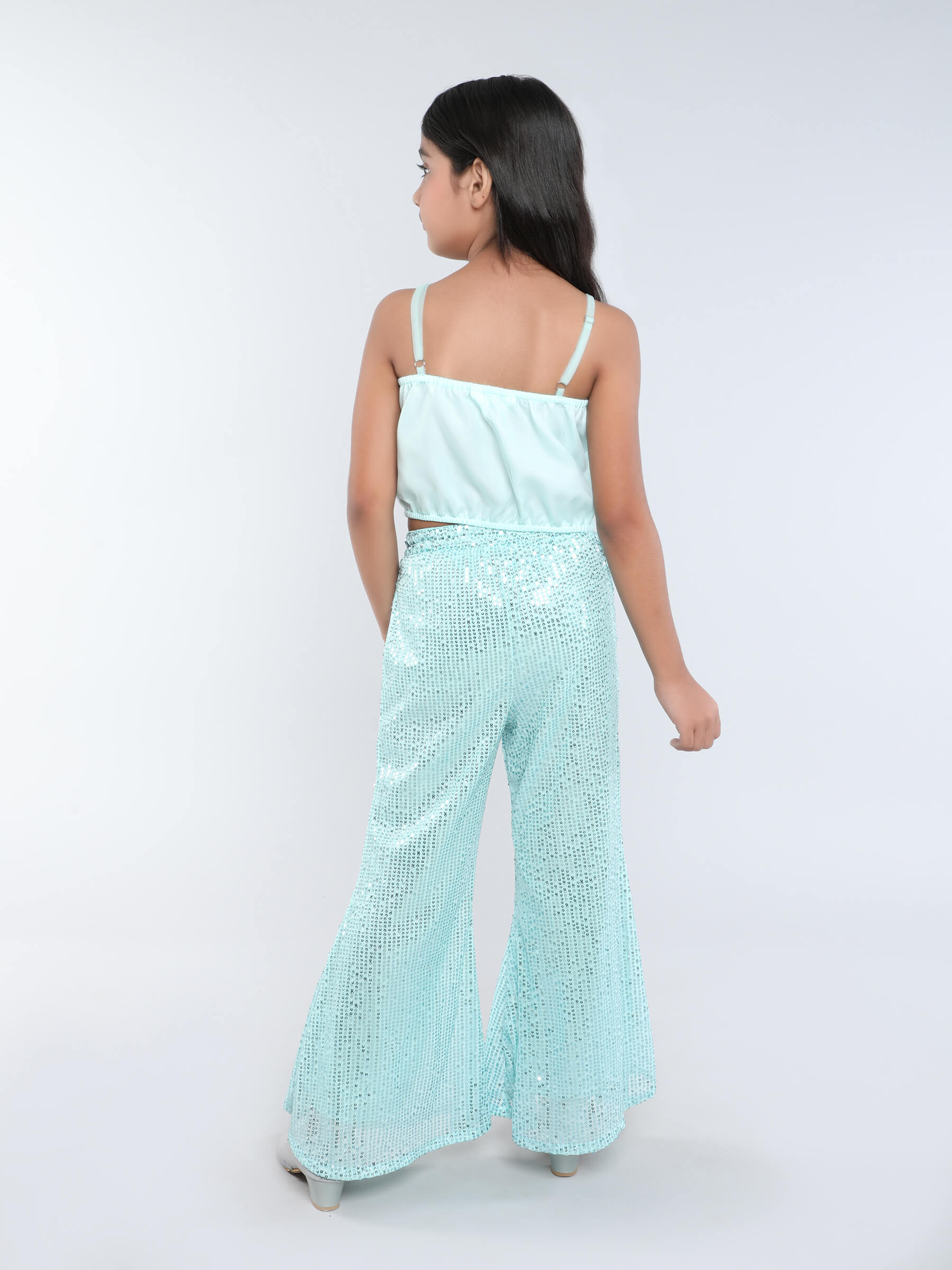 singlet butterfly party crop top and sequins bell bottom pat set-Aquamarine