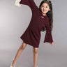 lurex houndstooth full sleeves bow detail Above knee length Aline party dress-Maroon