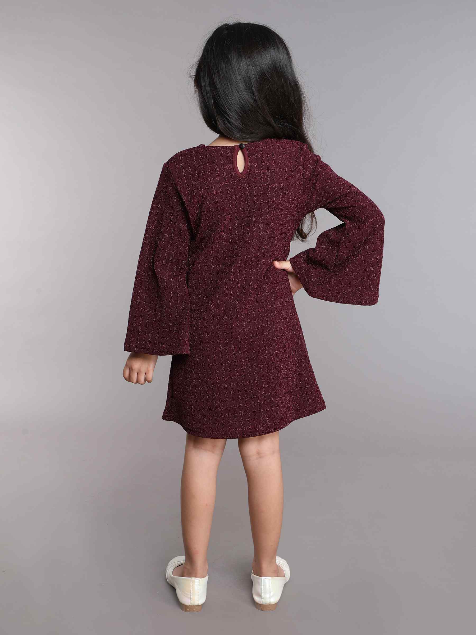 lurex houndstooth full sleeves bow detail Above knee length Aline party dress-Maroon