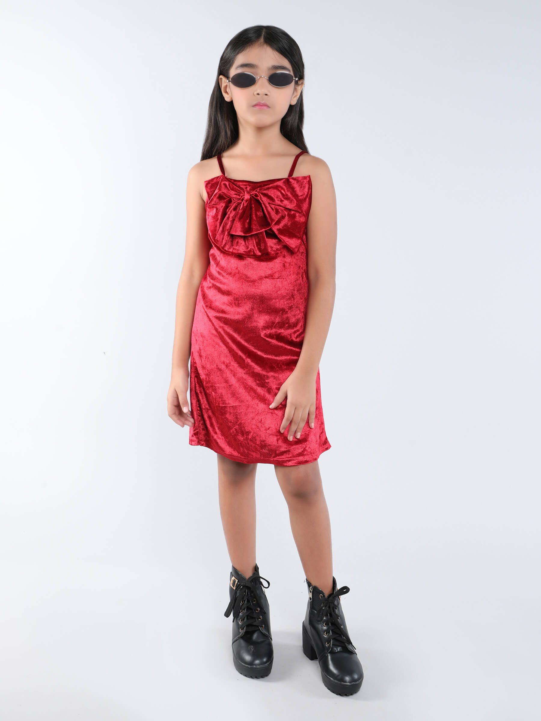 velvet back tie-up bow detail Aline party dress-Red