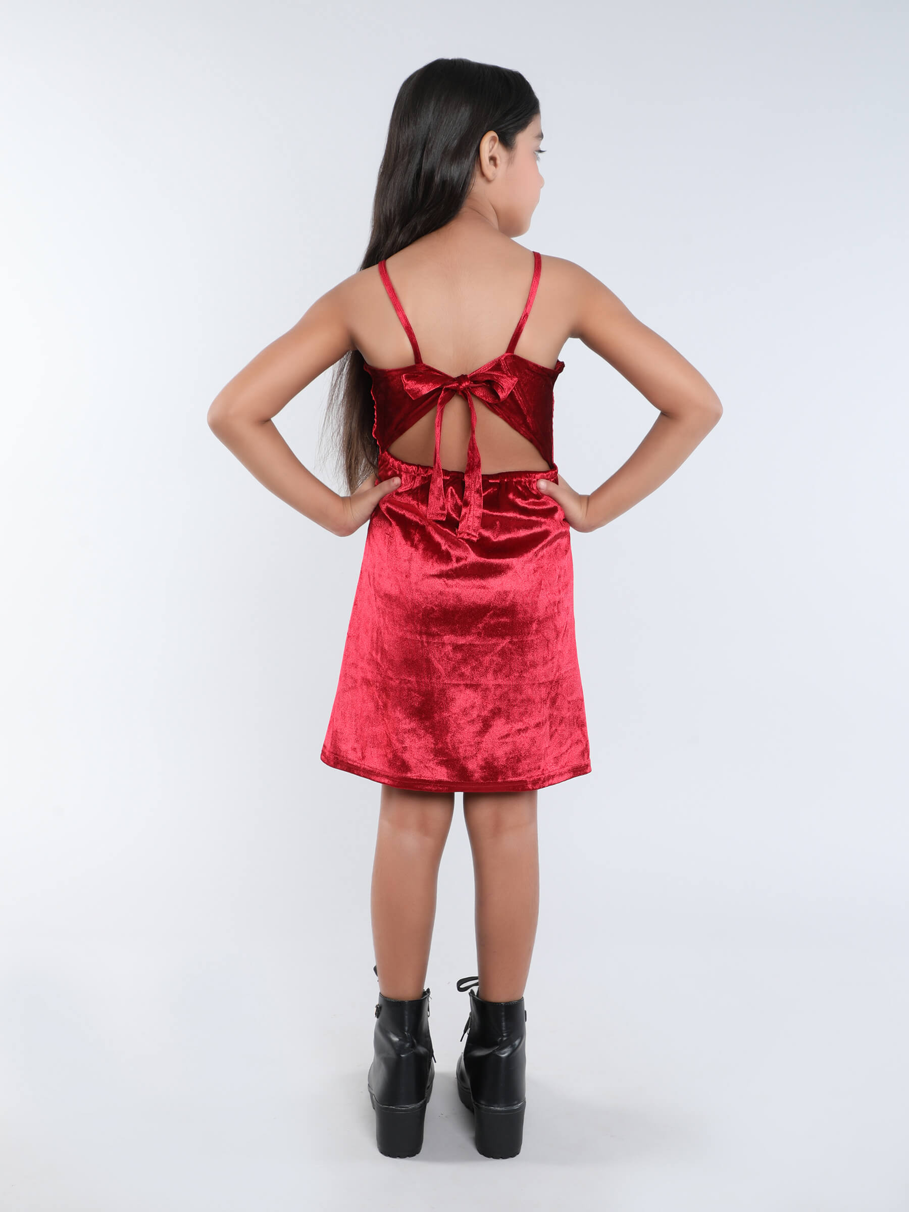 velvet back tie-up bow detail Aline party dress-Red