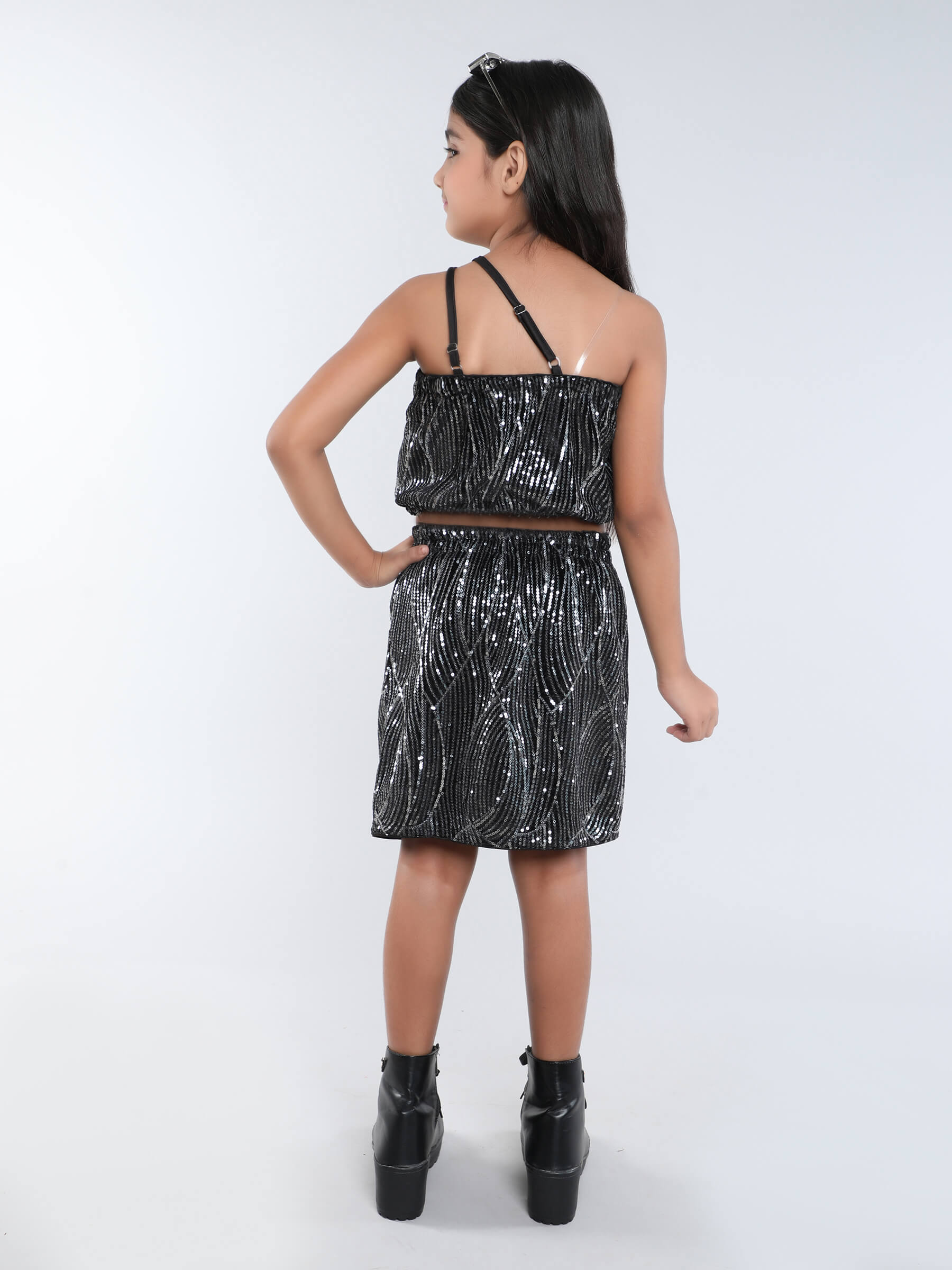 Sequins velvet sleeveless asymmetric neck party crop top with skirt co-ord set-Black