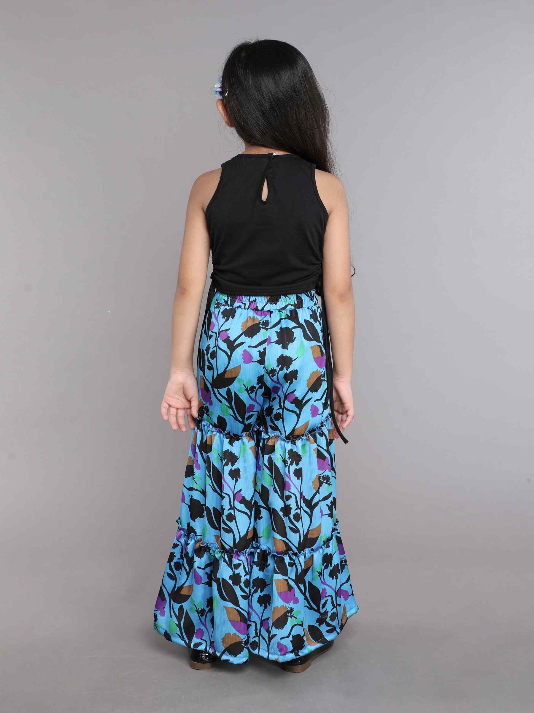 solid waist tie-up cut-out detail crop top and floral printed sharara pant ethnic set-Black/Blue