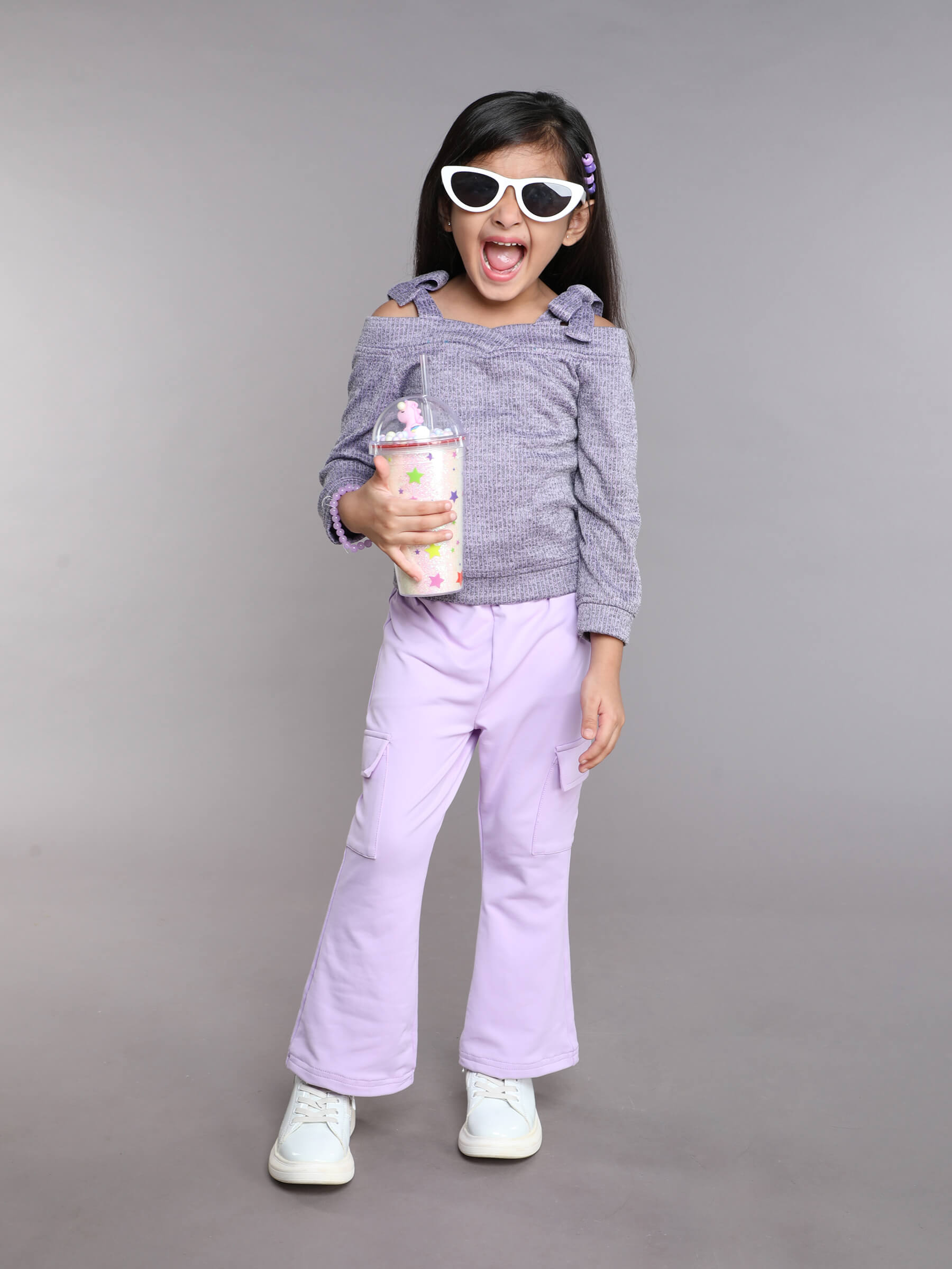 off- shoulder tie up detail full sleeves top and bell bottom cargo pant set-Purple