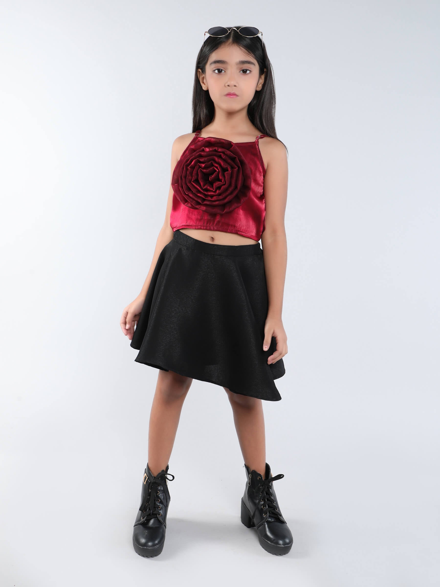 Organza Rose Detail Singlet Party Crop Top And Circle Skirt Set-Wine & Black