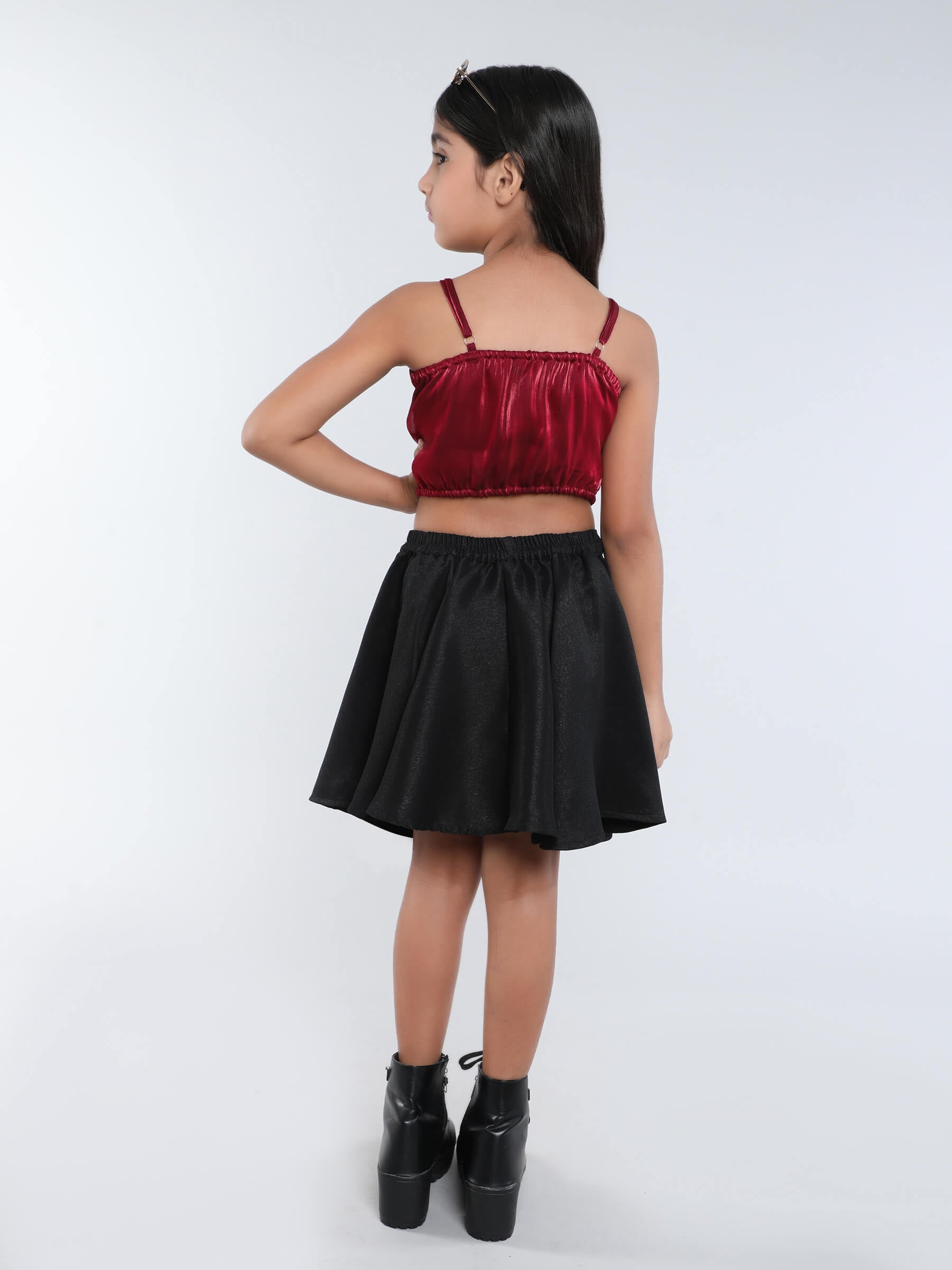 Organza Rose Detail Singlet Party Crop Top And Circle Skirt Set-Wine & Black