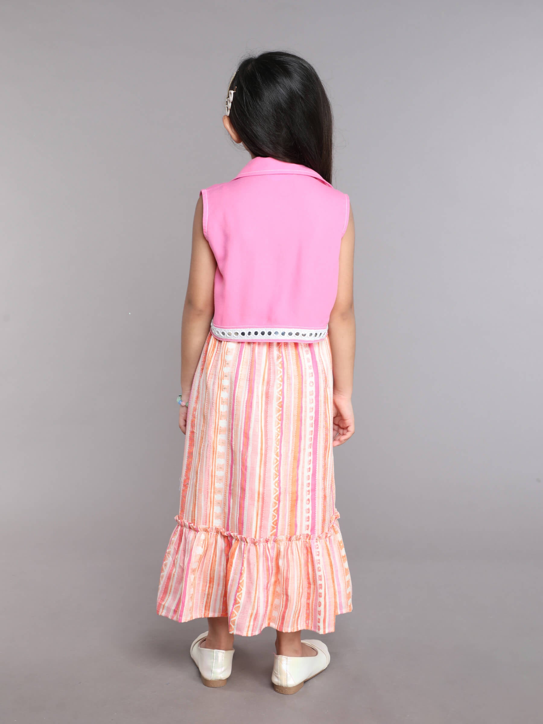 Solid lace detail sleeveless ethnic crop shrug and printed singlet tiered dress-Orange/Pink