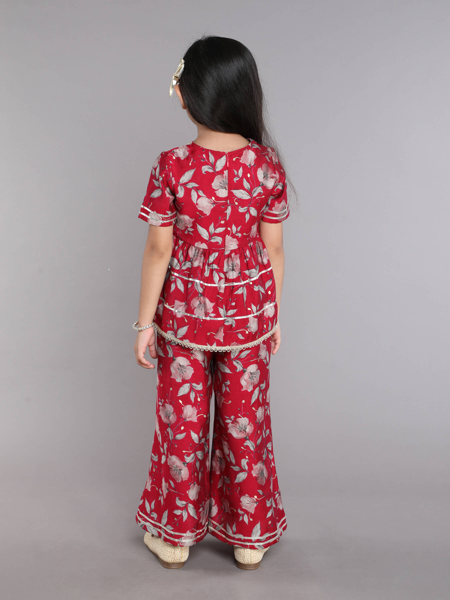 Muslin cotton v neck tie up gathered top with matching pant set - maroon