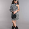 lurex waves full sleeves one shoulder party crop top and matching skirt set-Silver/Black