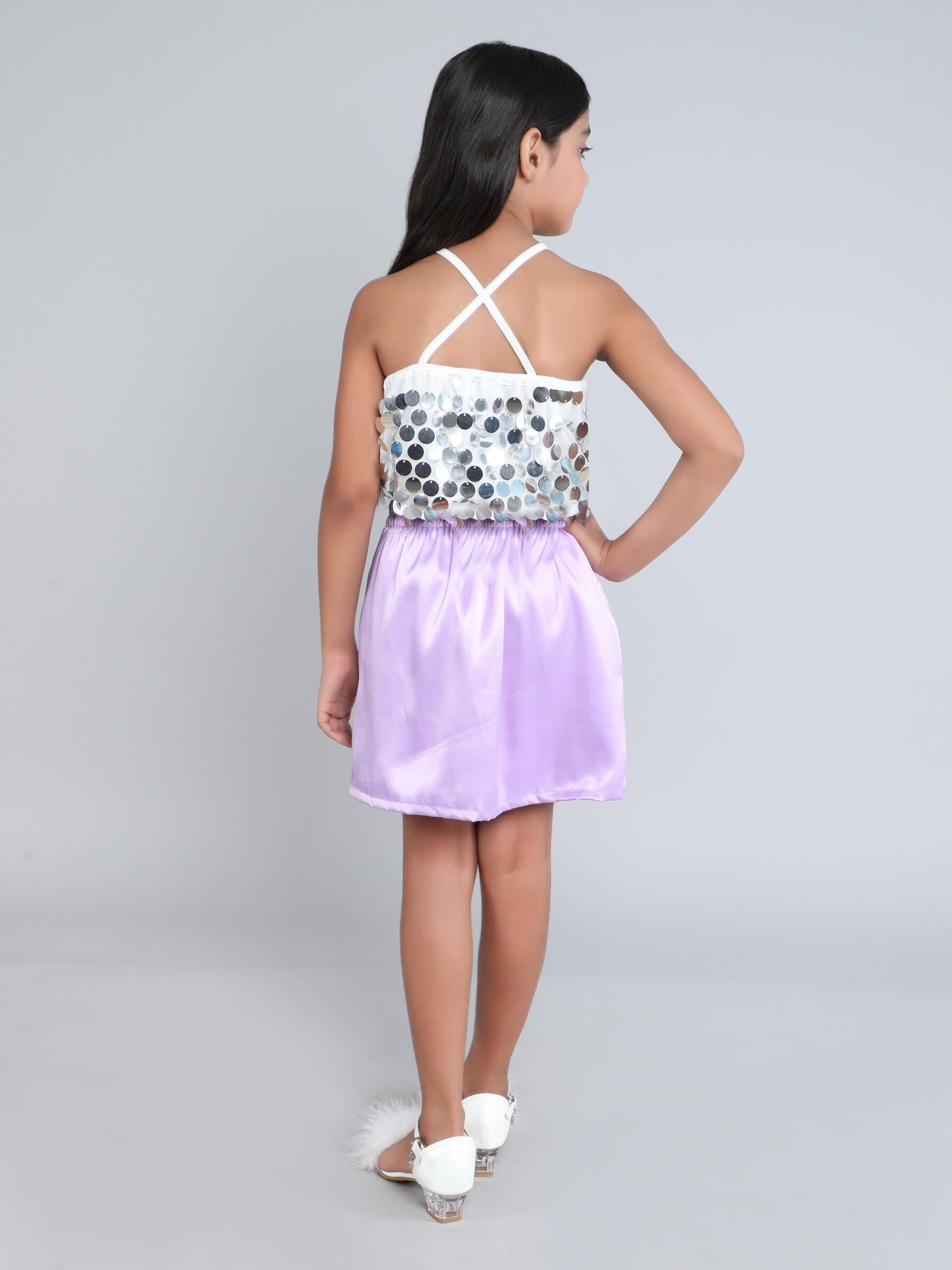 sequins embellish halter party crop top and satin slit skirt set-White/Purple