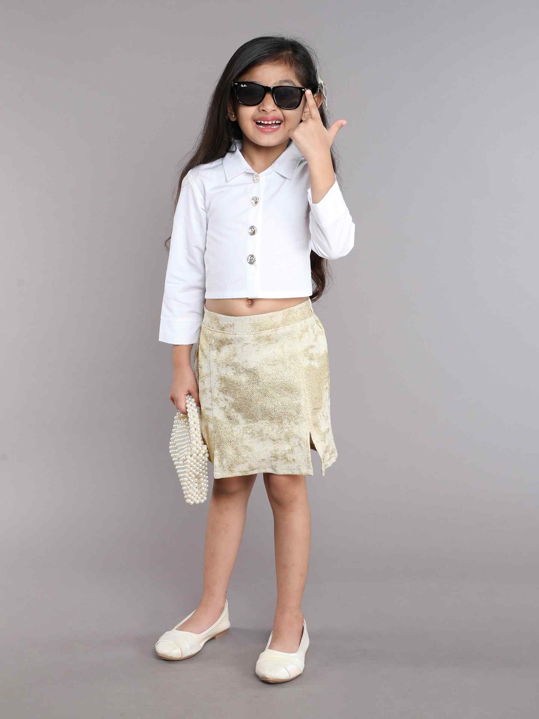 poplin back tie up crop shirt and gold foil printed skirt set-White/Gold