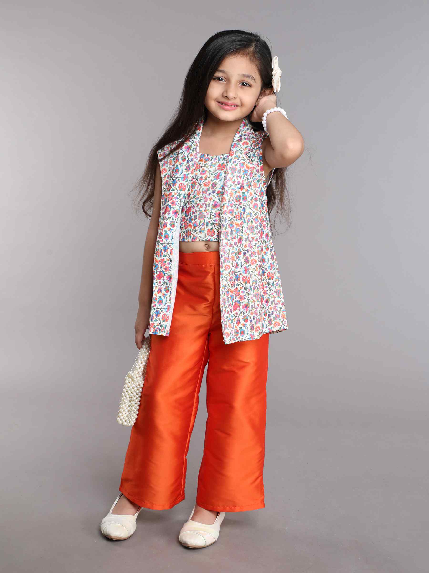 floral printed sleeves ethnic jacket with matching singlet crop top and solid pant set-Orange/Multi