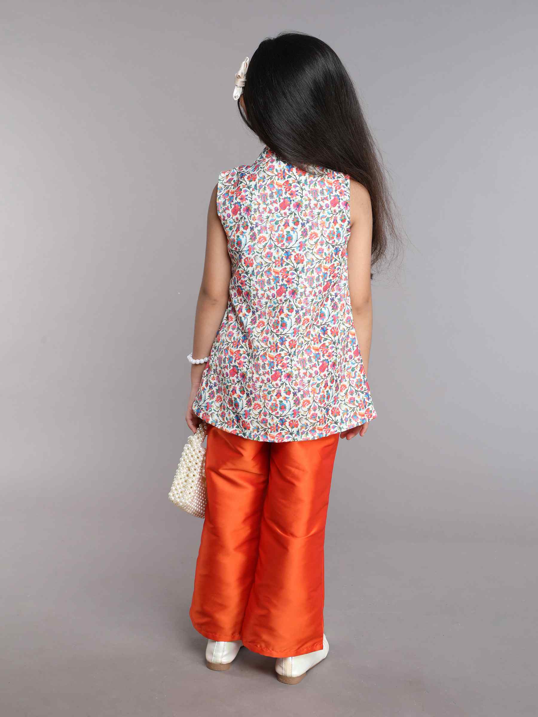 floral printed sleeves ethnic jacket with matching singlet crop top and solid pant set-Orange/Multi