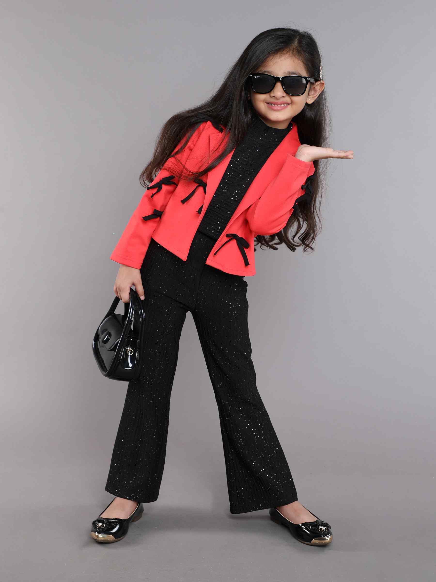 Bow detail full sleeves party blazer with glitter high neck crop top and pant set-Red/Black