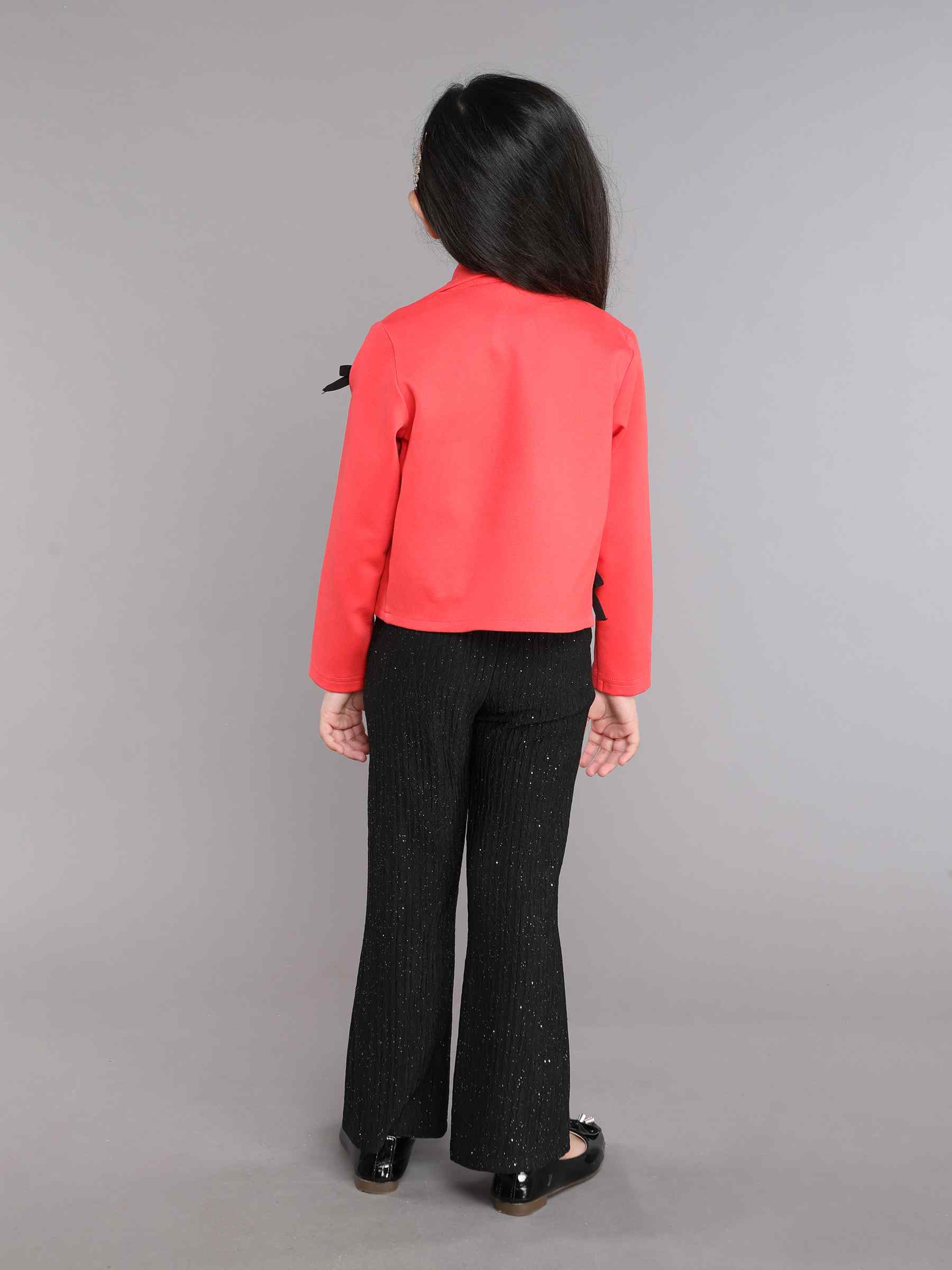 Bow detail full sleeves party blazer with glitter high neck crop top and pant set-Red/Black