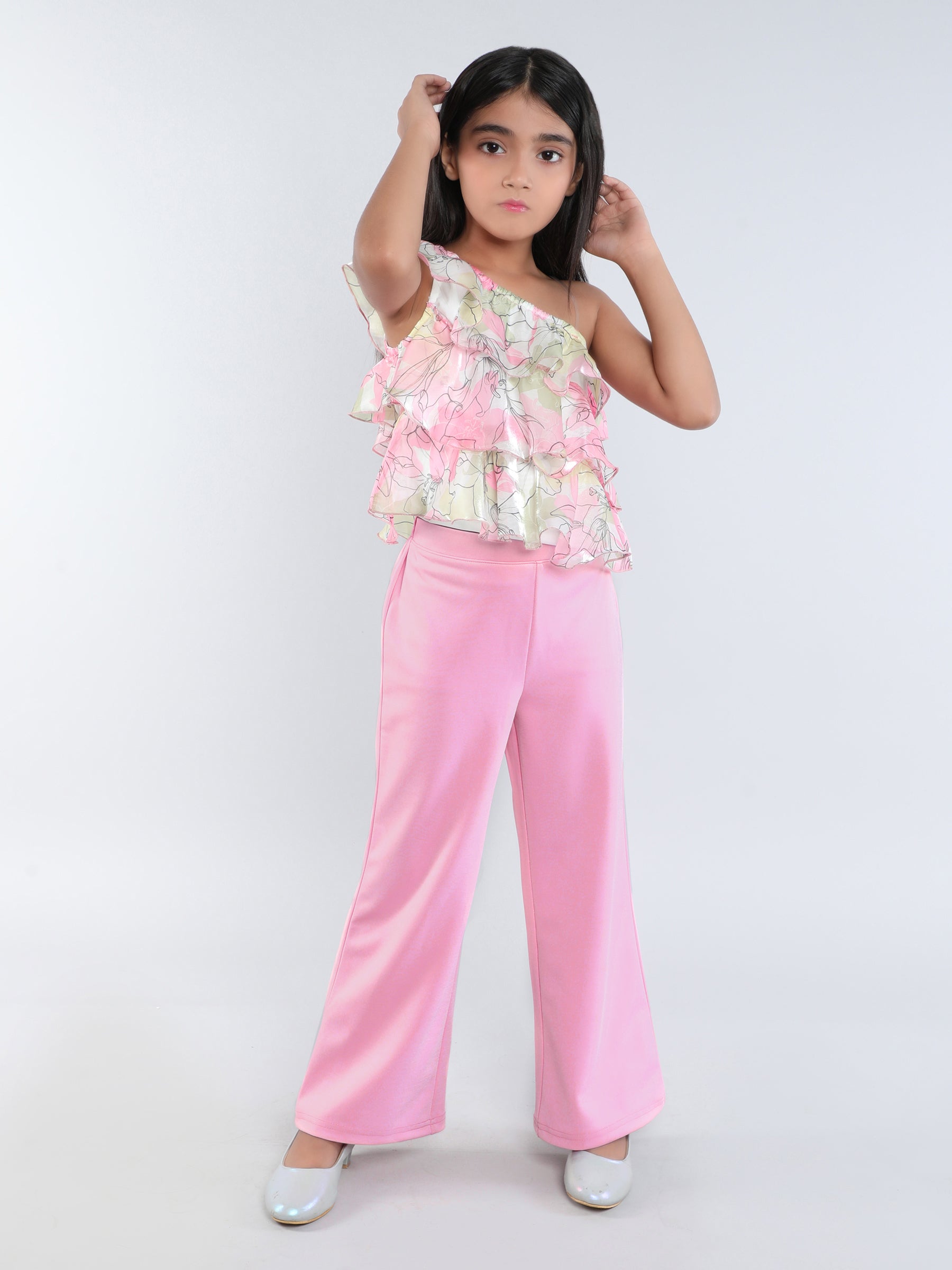 floral printed one shoulder ruffle party crop top and solid pant set-pink/Multi