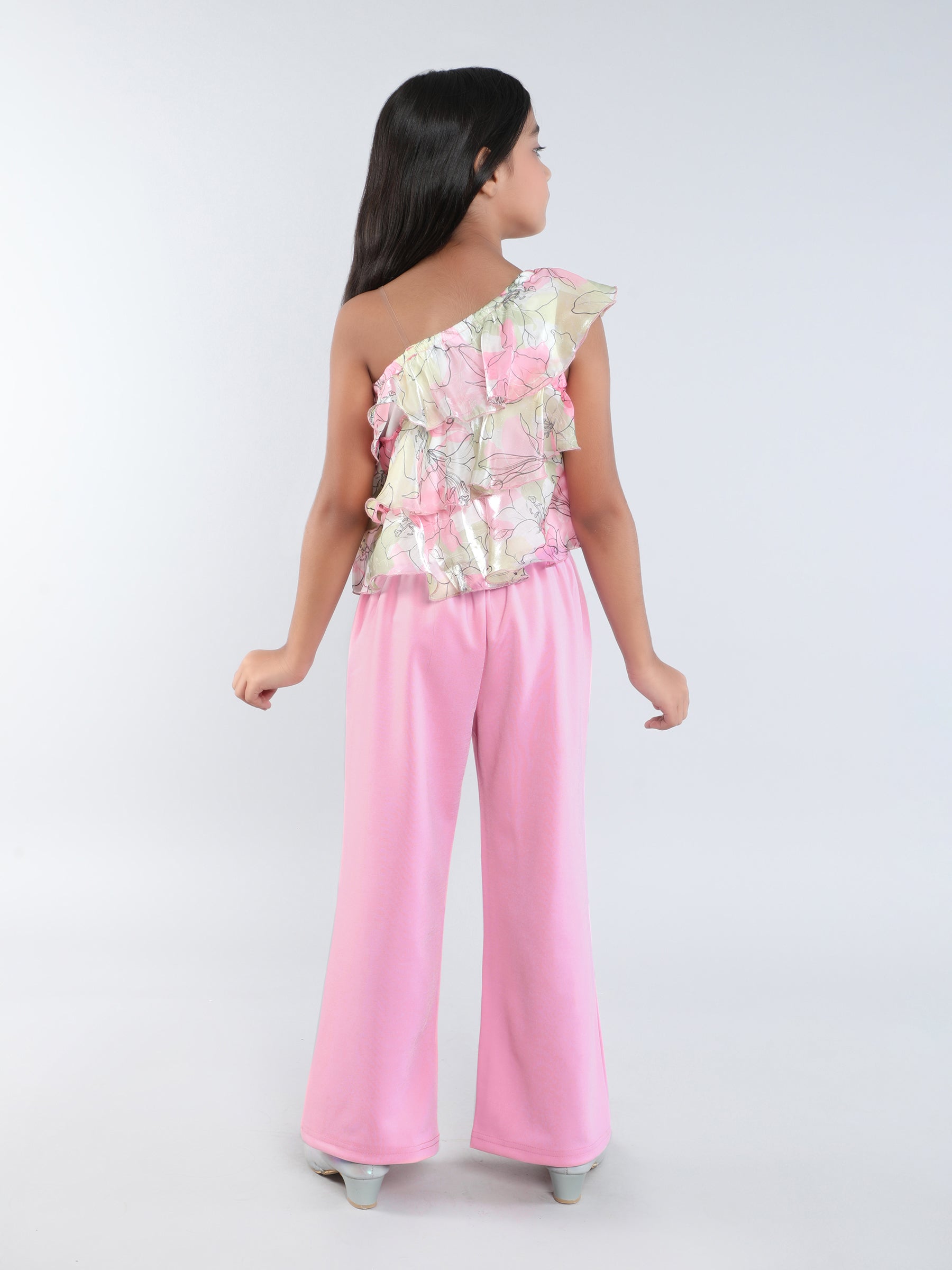 floral printed one shoulder ruffle party crop top and solid pant set-pink/Multi