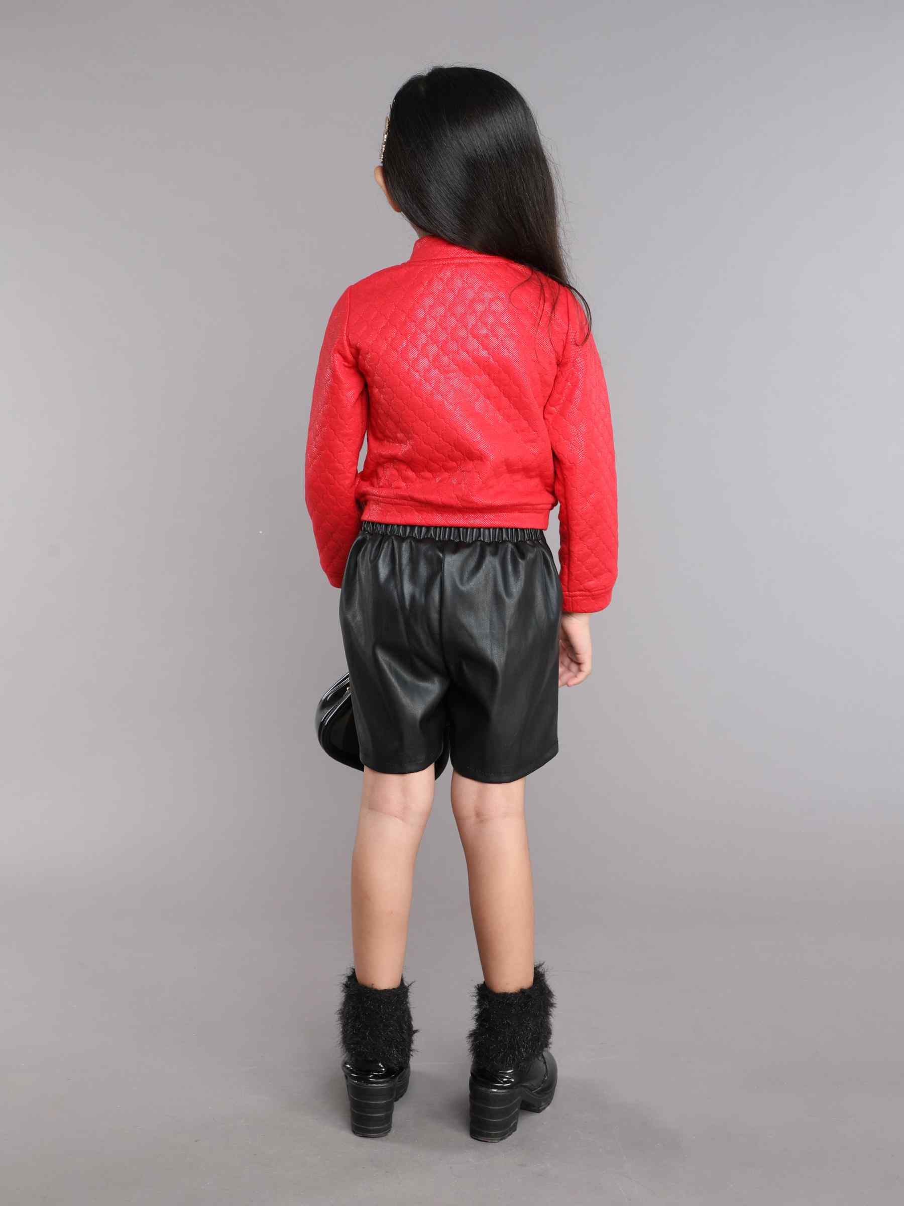 Quilted full sleeves zip up sweatshirt and leather skorts set-Red/Black