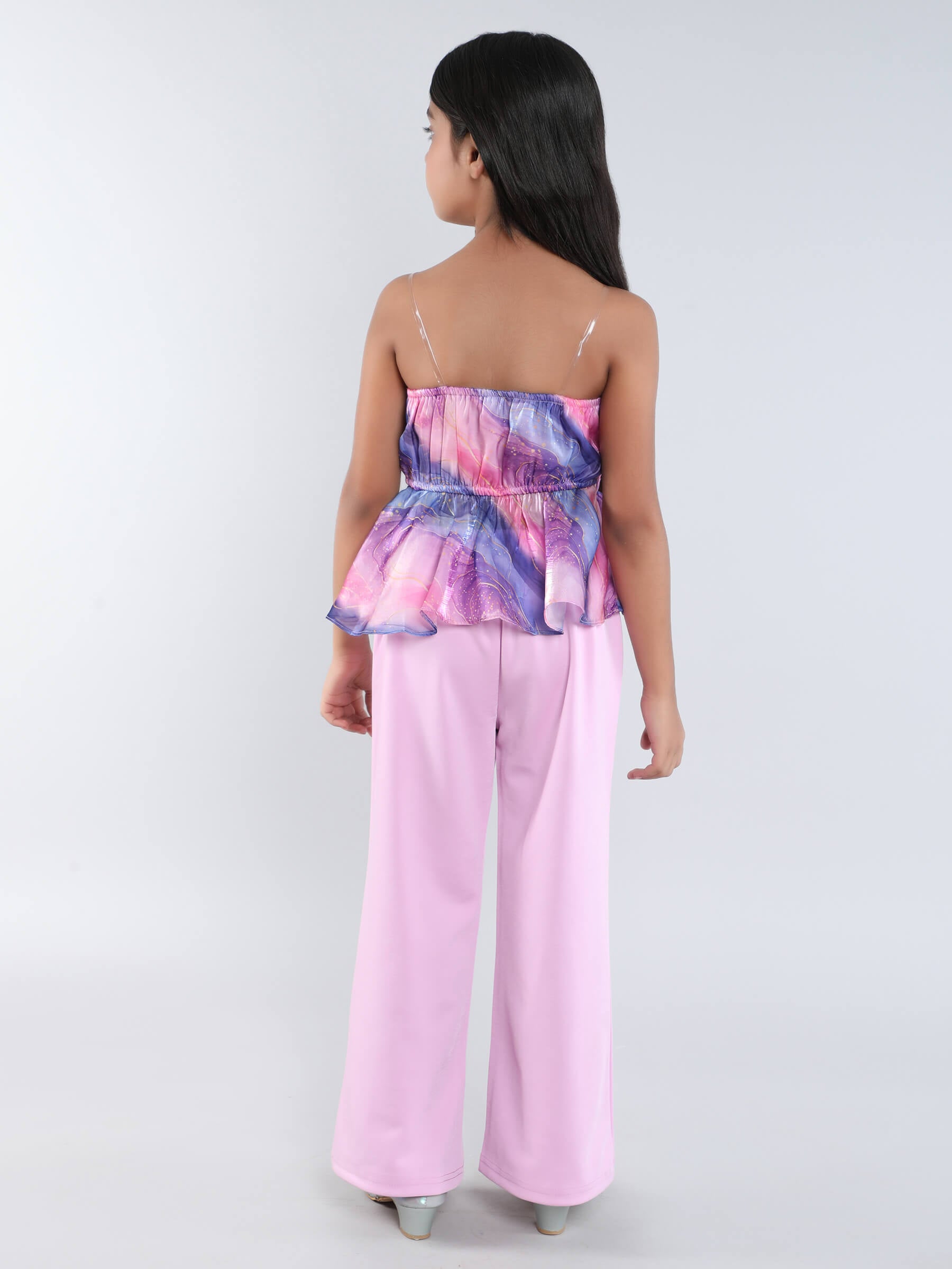 abstract printed organza ruffle peplum party top and solid pant set-Pink/Multi