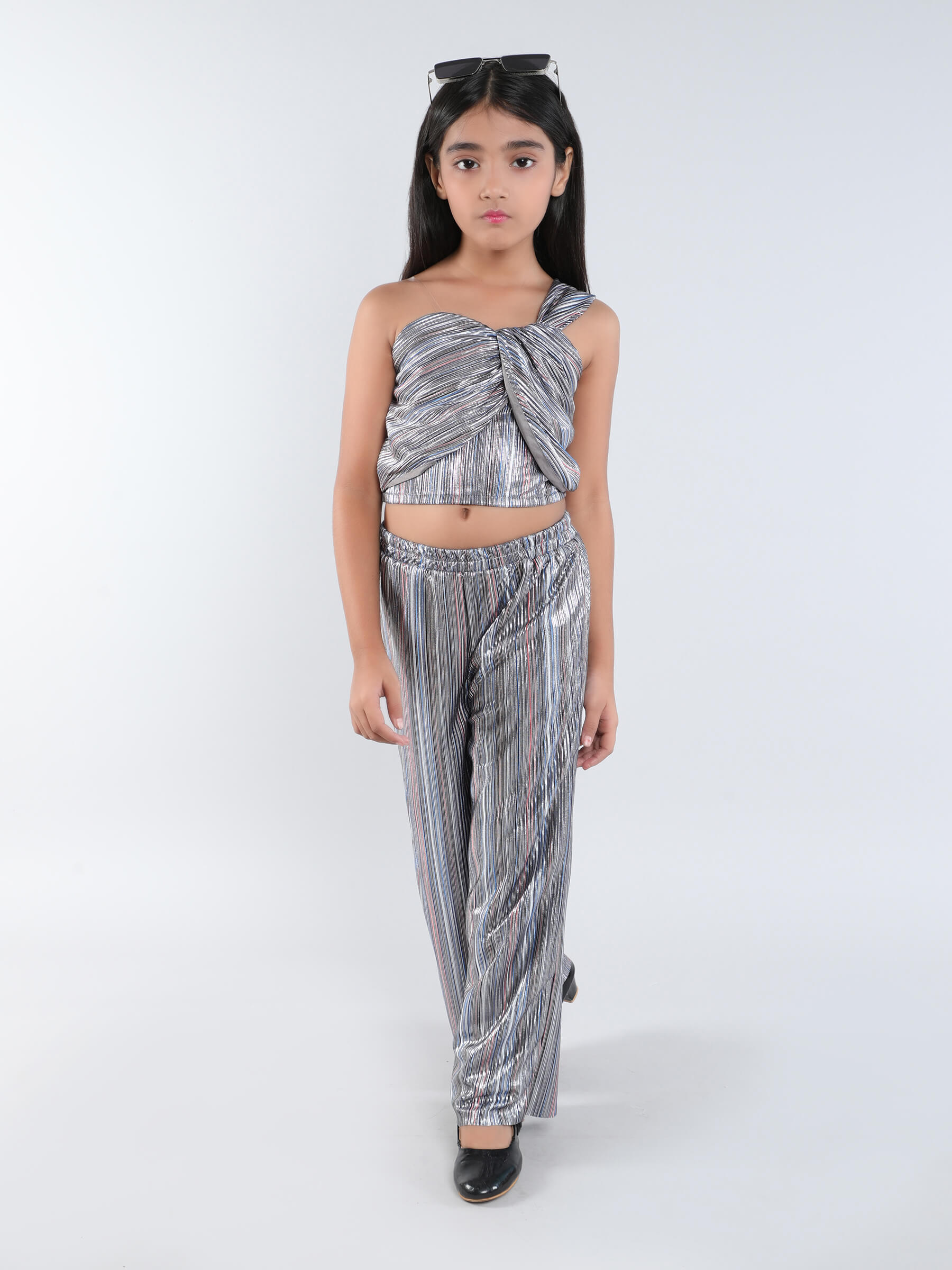 Foil printed Pleated sleeveless Asymmetric neck party crop top and matching pant set-black/multi