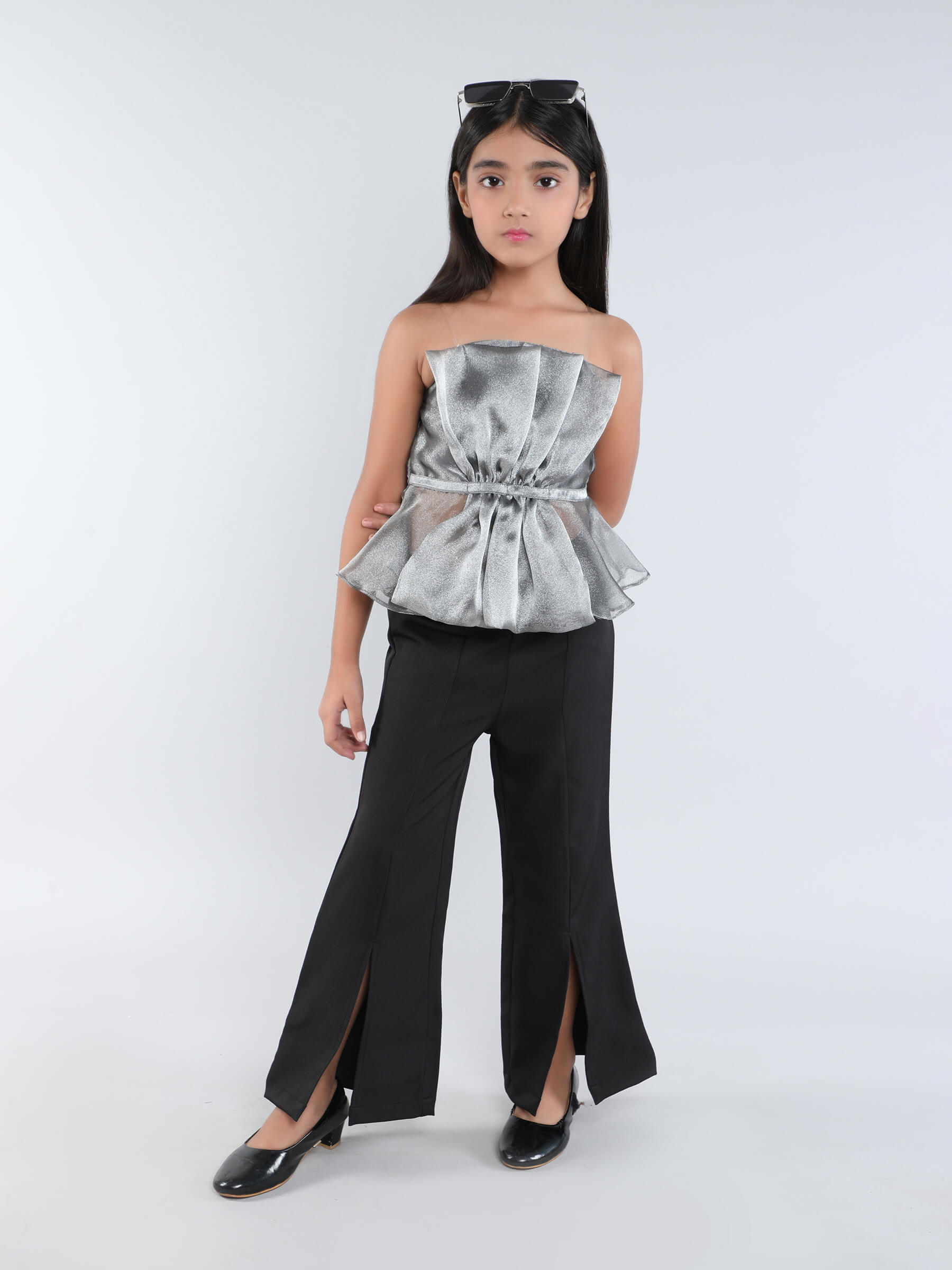 organza ruffle peplum party top and slit bell bottom pant set-Grey/black