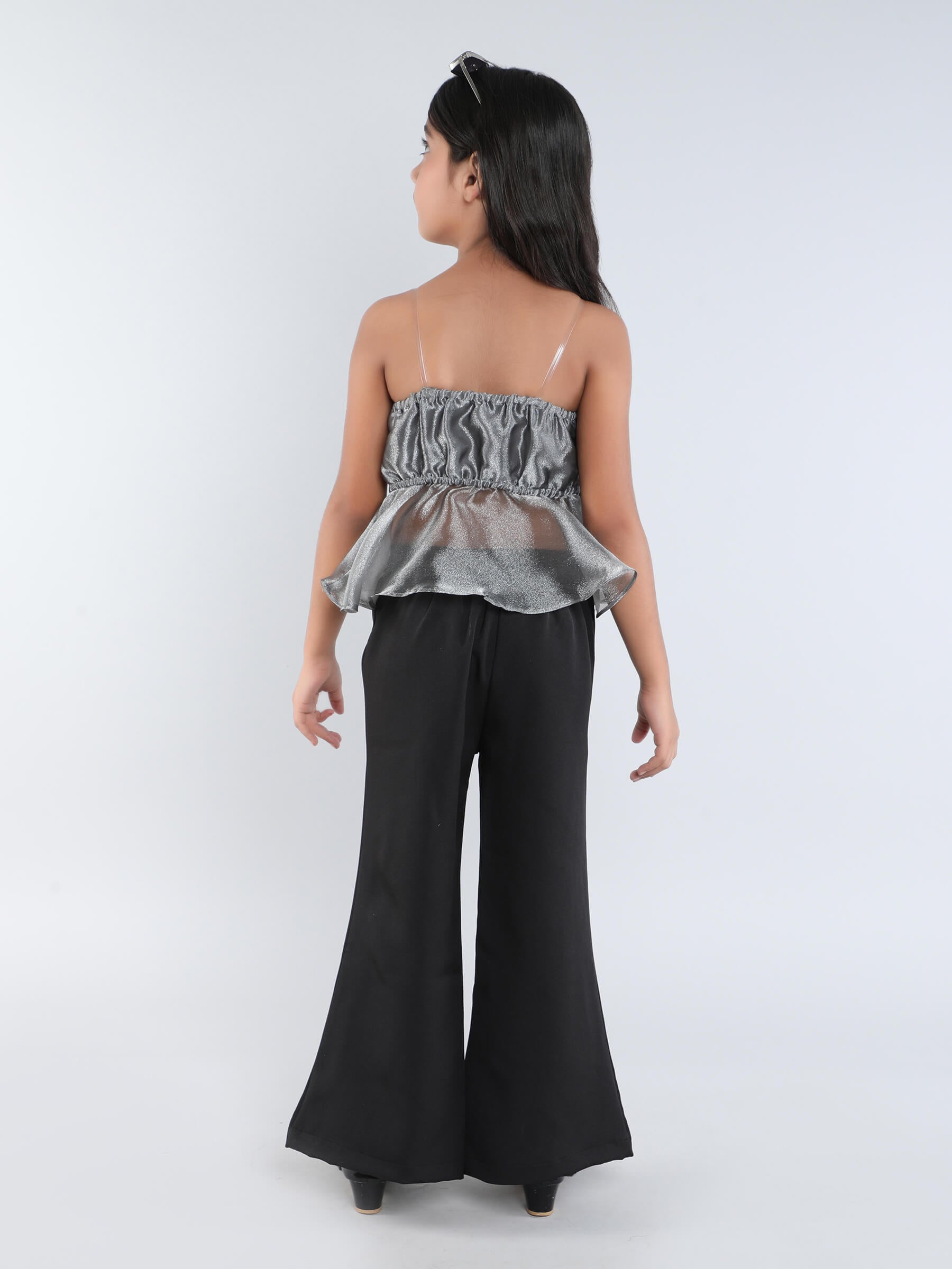 organza ruffle peplum party top and slit bell bottom pant set-Grey/black