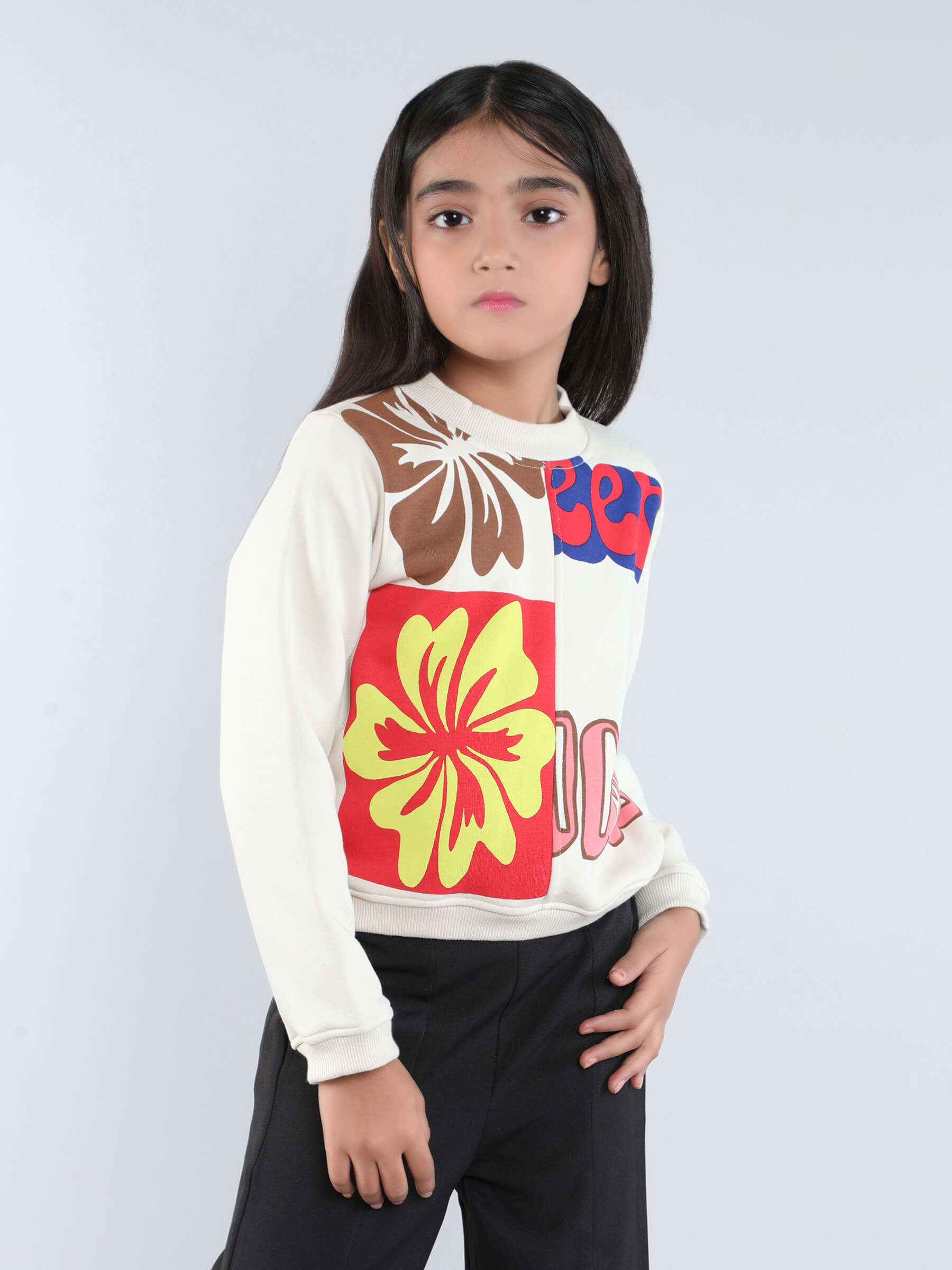 printed patch work full sleeves winter sweatshirt- Beige/Multi