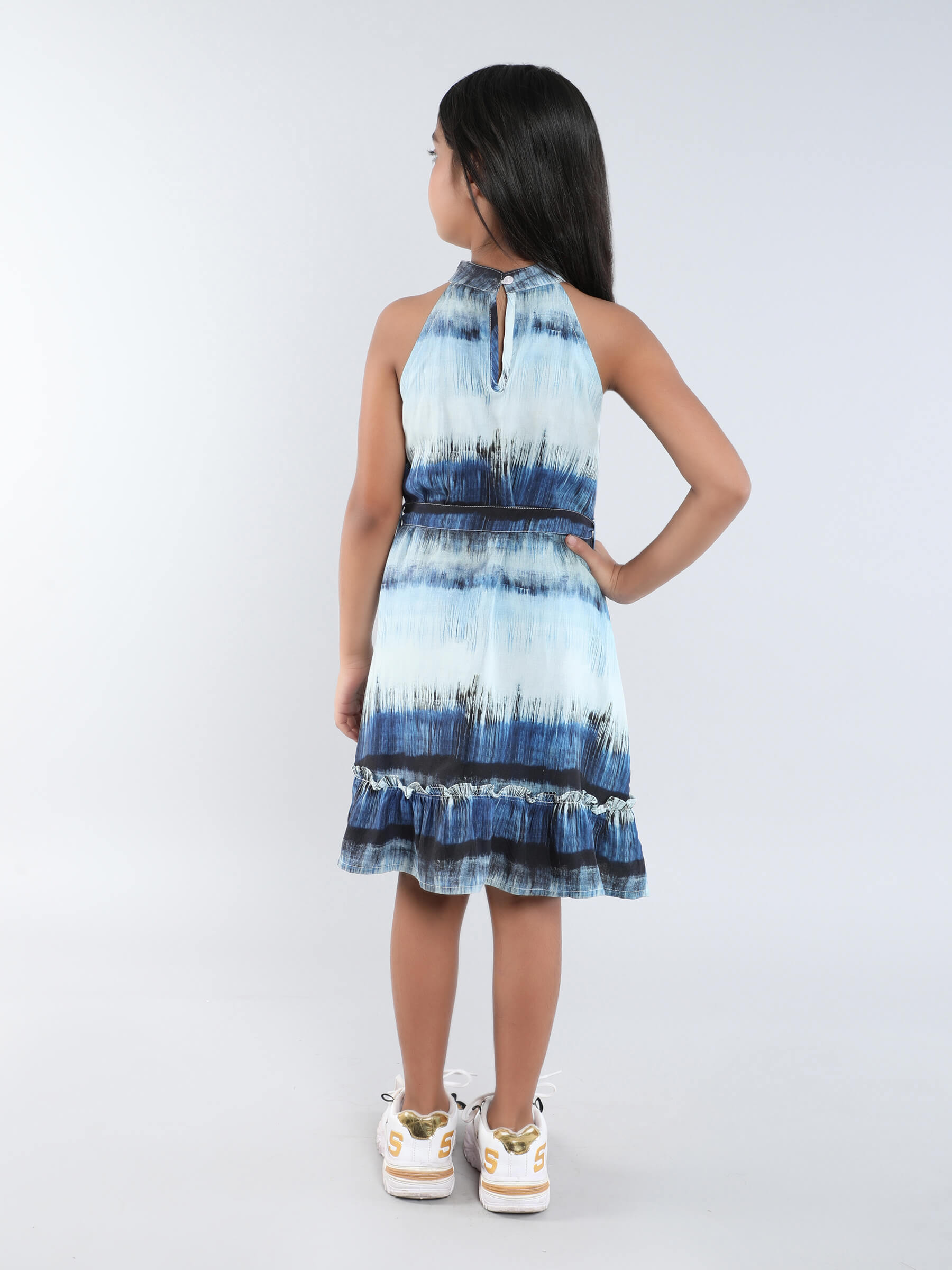 Abstract printed halter neck A-line dress with tie-up belt-Blue/Multi