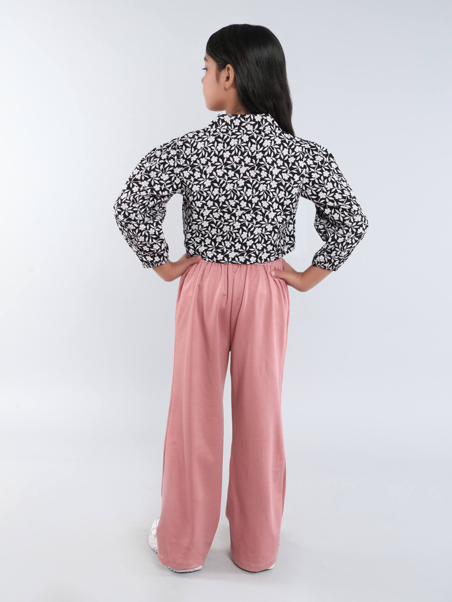 floral printed puff sleeves button up shirt and texture pant set-Black/Brown