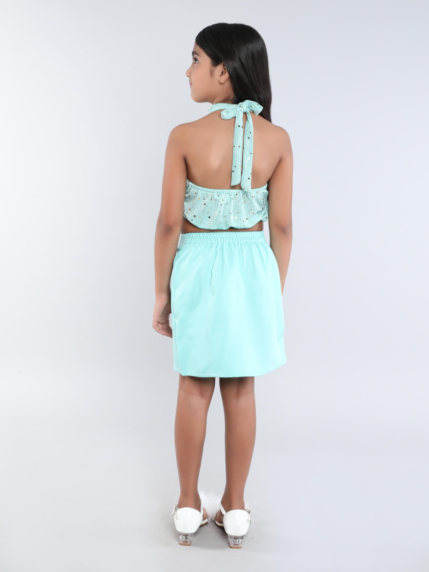 Foil printed cowl neck tie up crop top with Solid skirt set-Aqua green